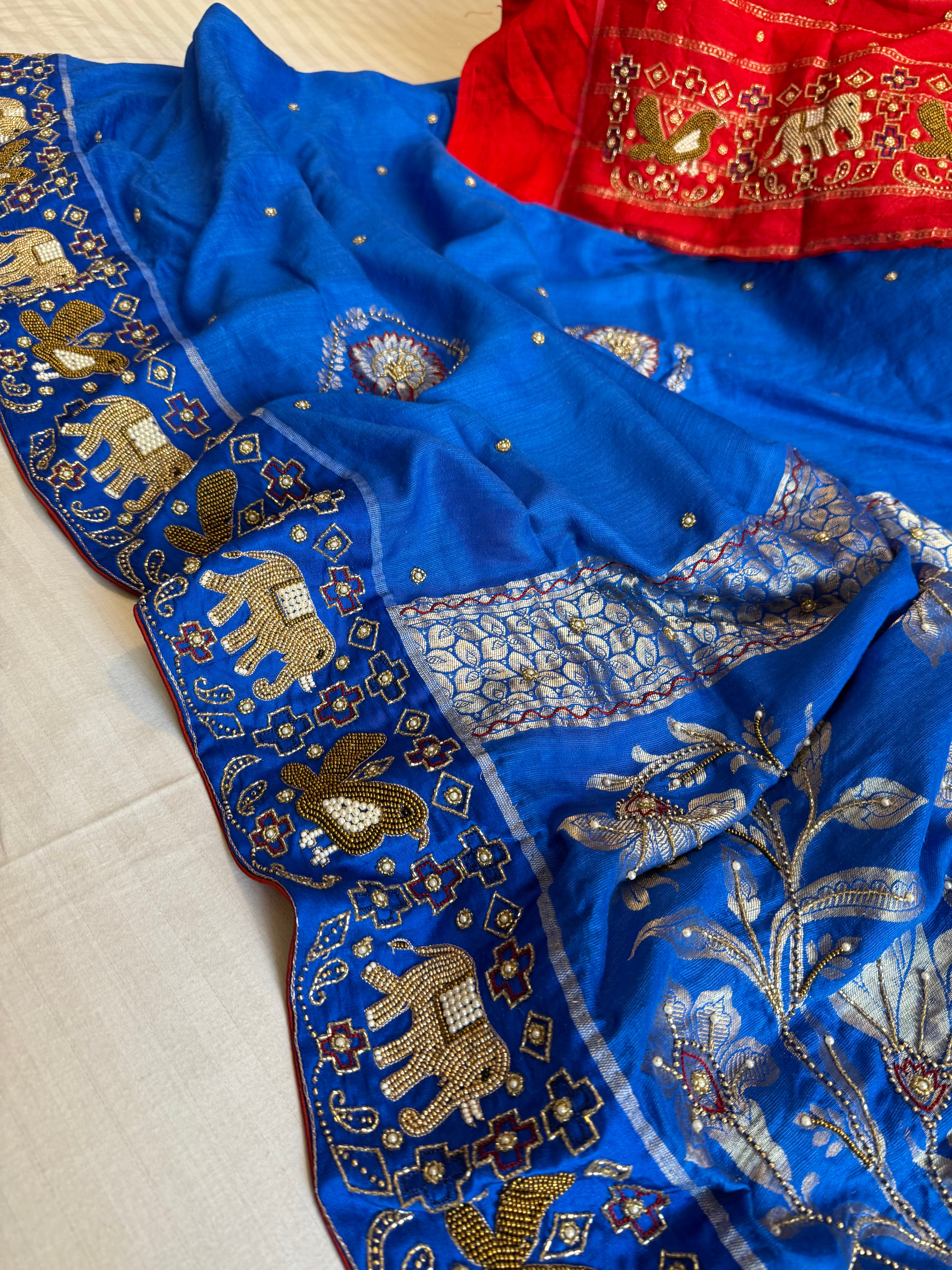 Moonga silk inspired ikkat patola inspired hand embroidered kadhwa saree