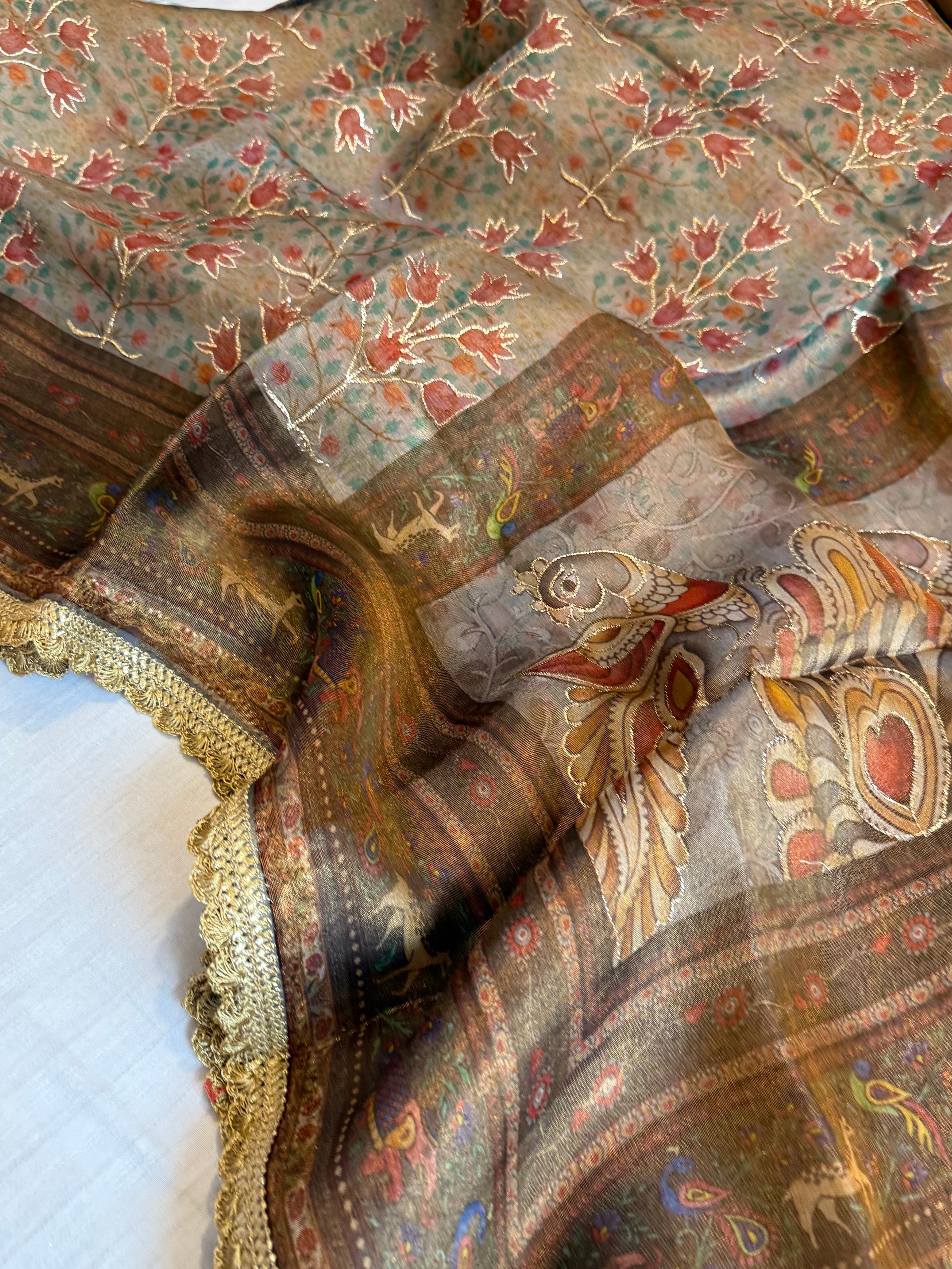 Printed banarasi tissue silk hand embroidered kadhwa saree