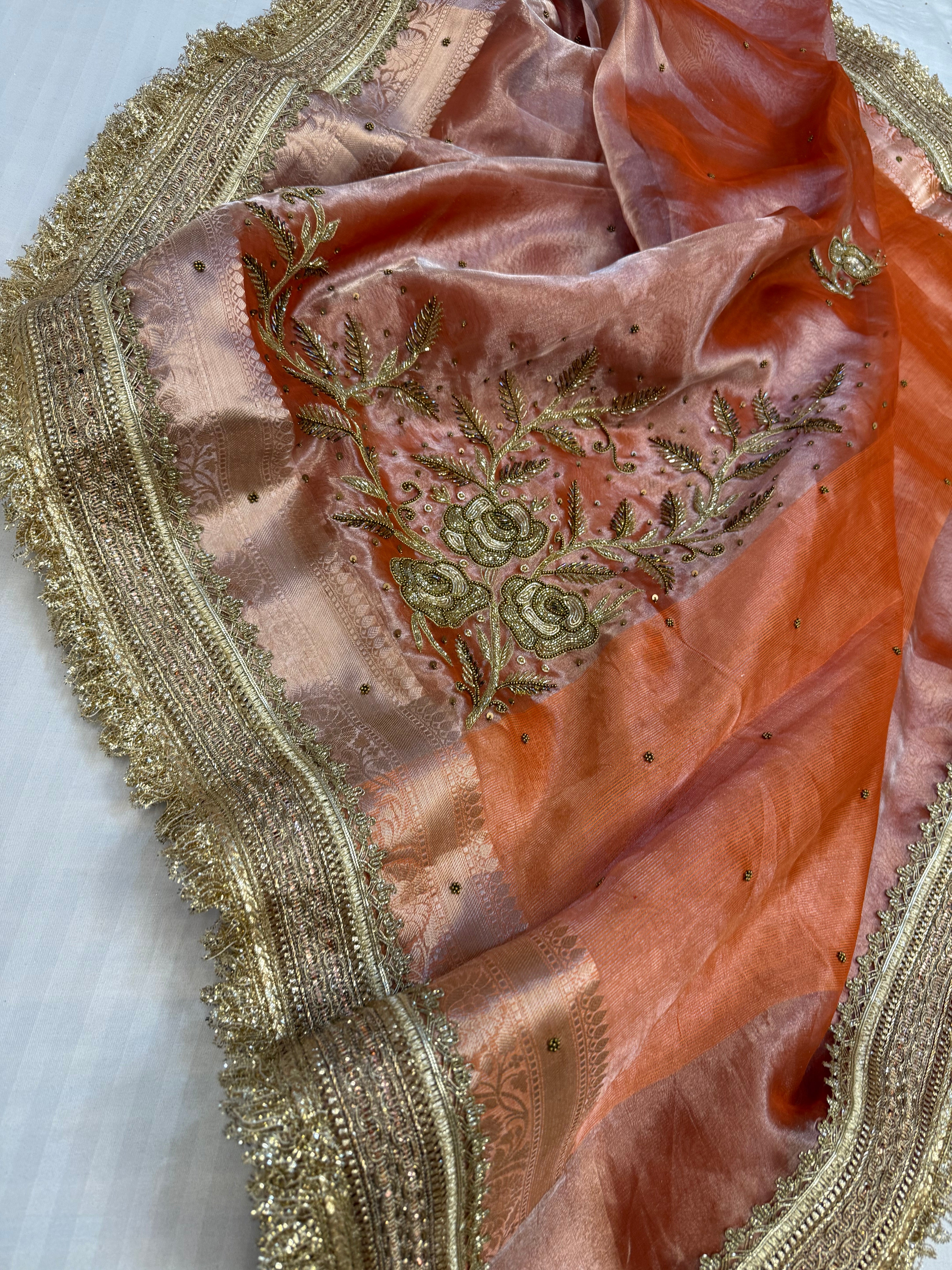Cocktail edit sarees - Peach tissue silk heavy hand embroidered sarees