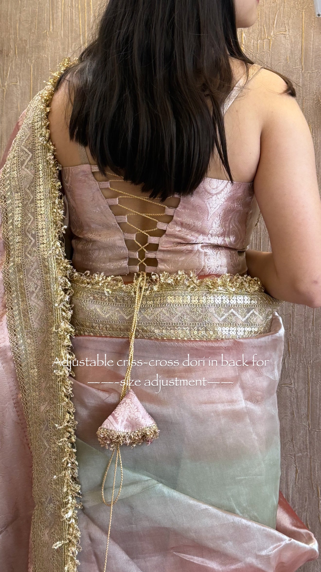 Add stitching in corset pattern of blouse with sequence work