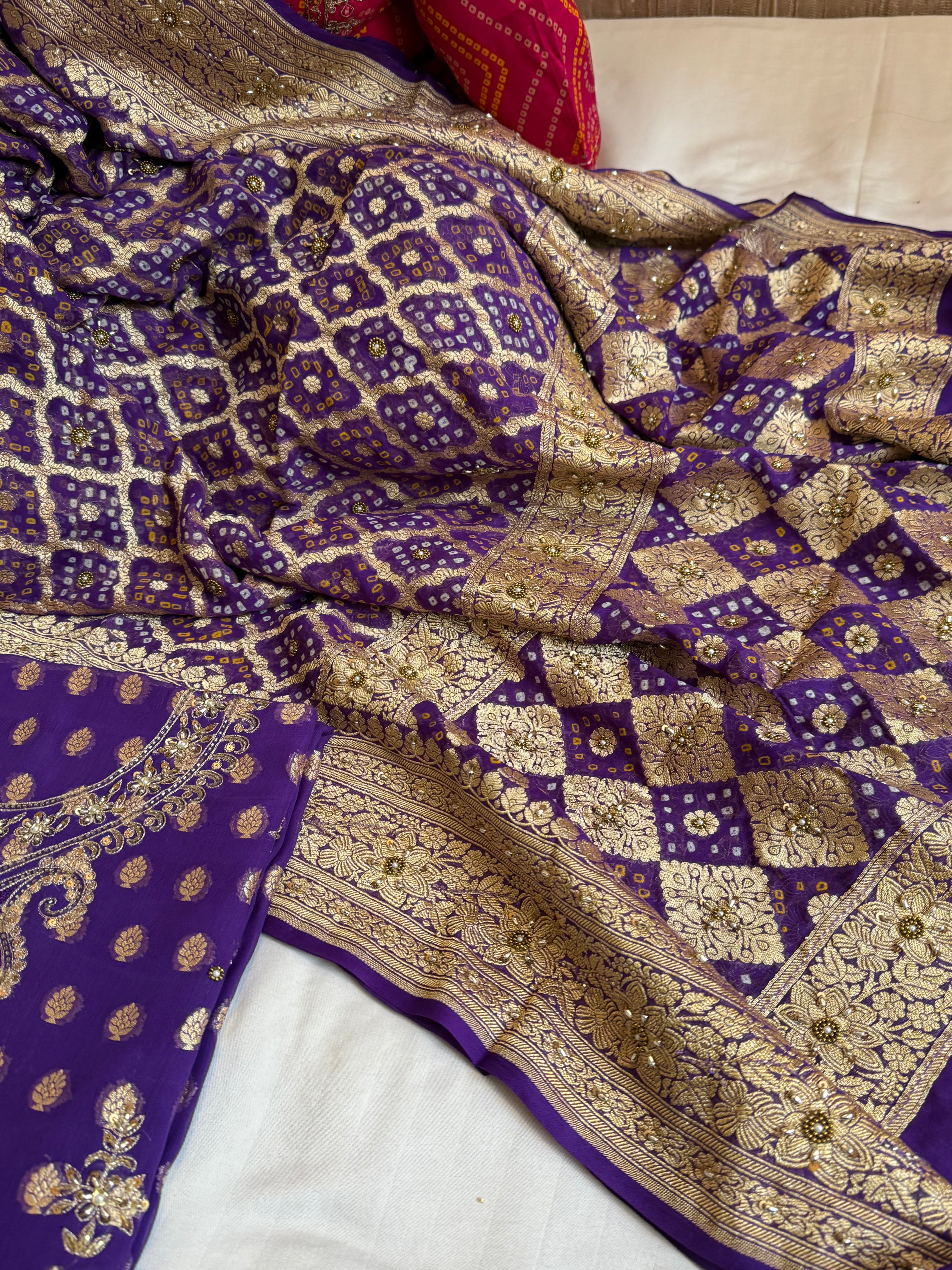 Deep purple rai bandhej Banarasi gorgette kadhwa hand embroidered suit set