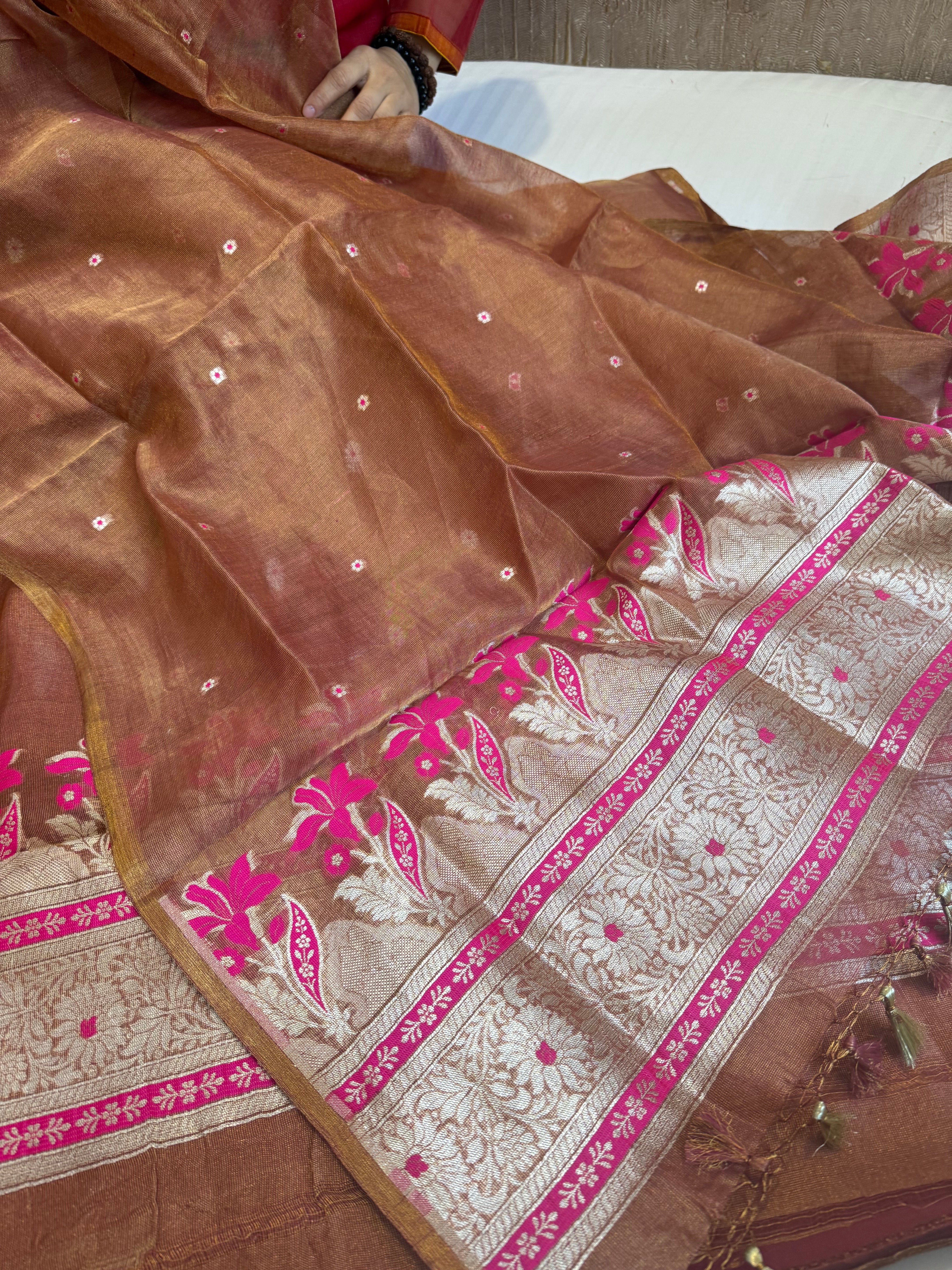 Linen tissue rust orange kadhwa meenakari suit sets