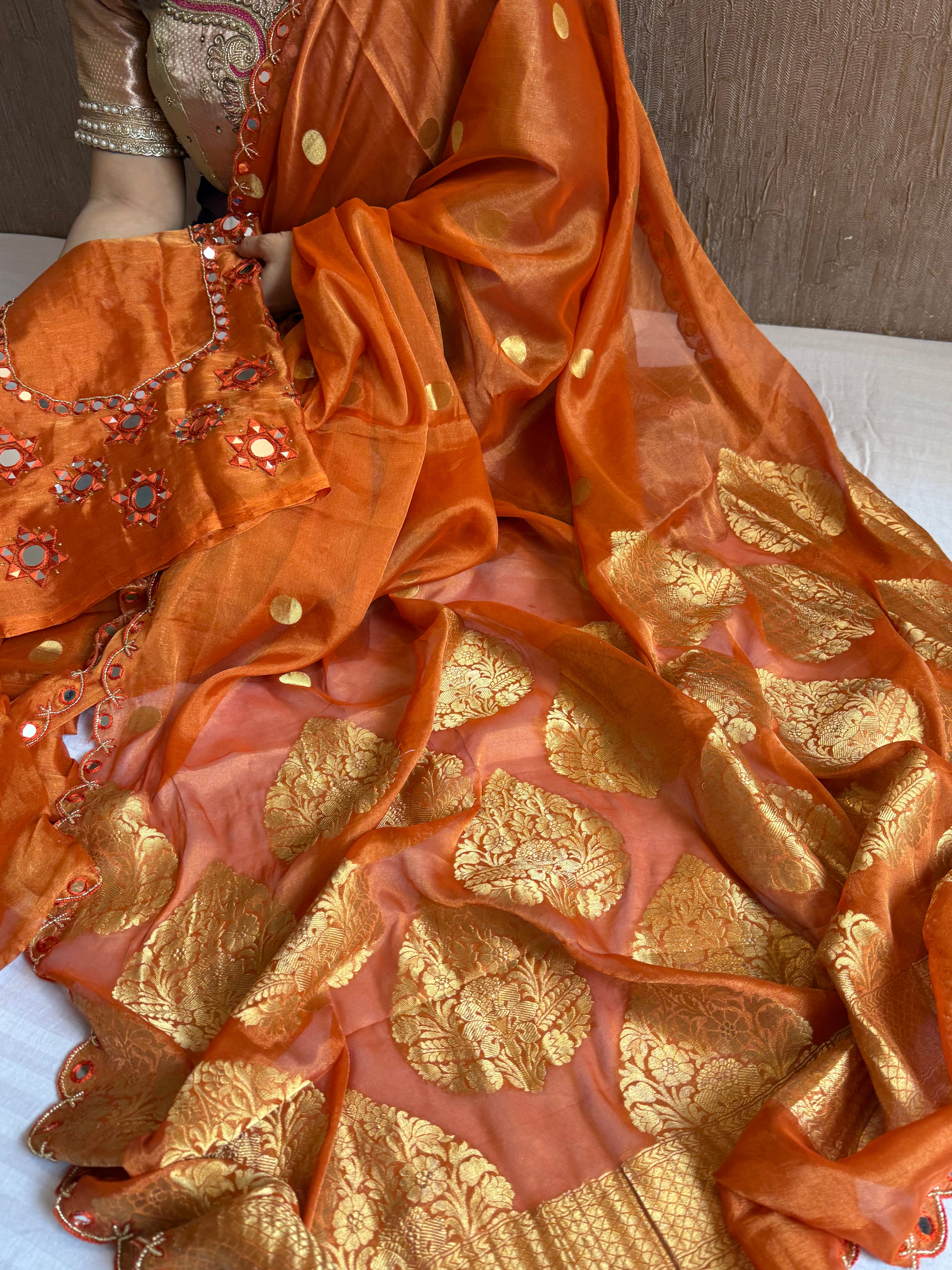Fanta orange tissue gorgette kadhwa mirror work hand embroidered saree