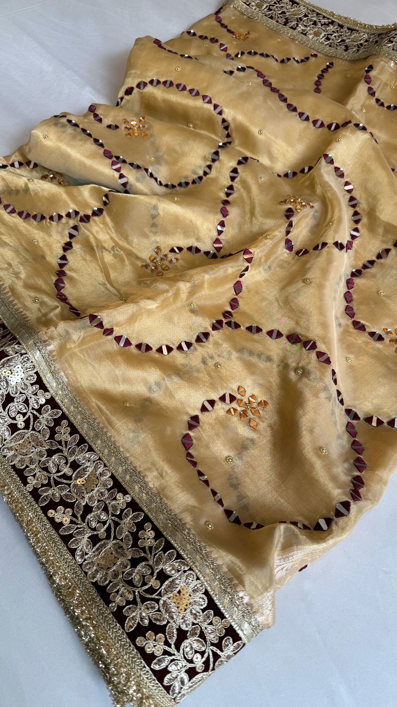 Sheesham edit - Heavy double tissue silk mirror work hand embroidered saree