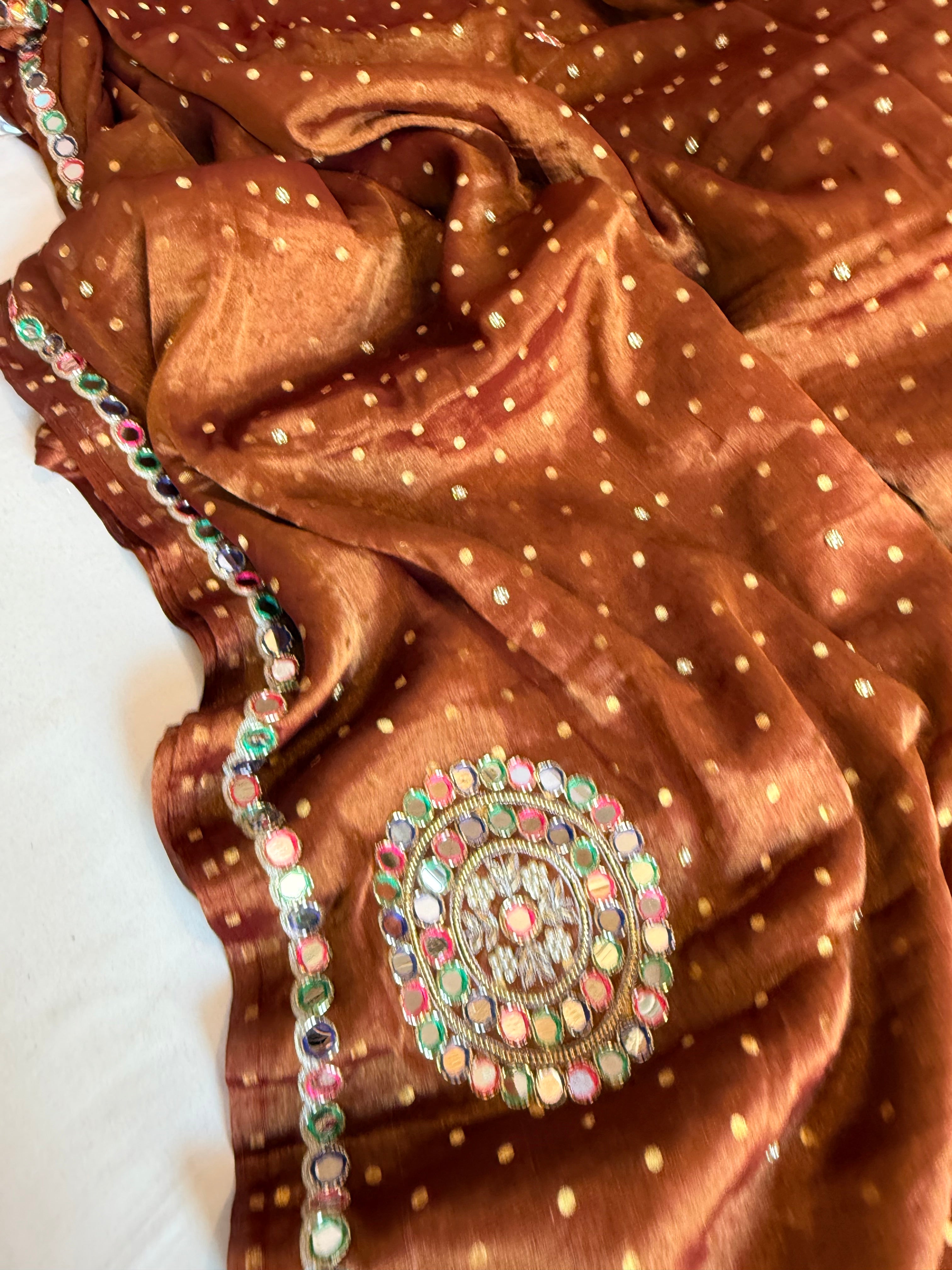 Coffee brown tissue gorgette meenakari mirror work kadhwa banarasi saree