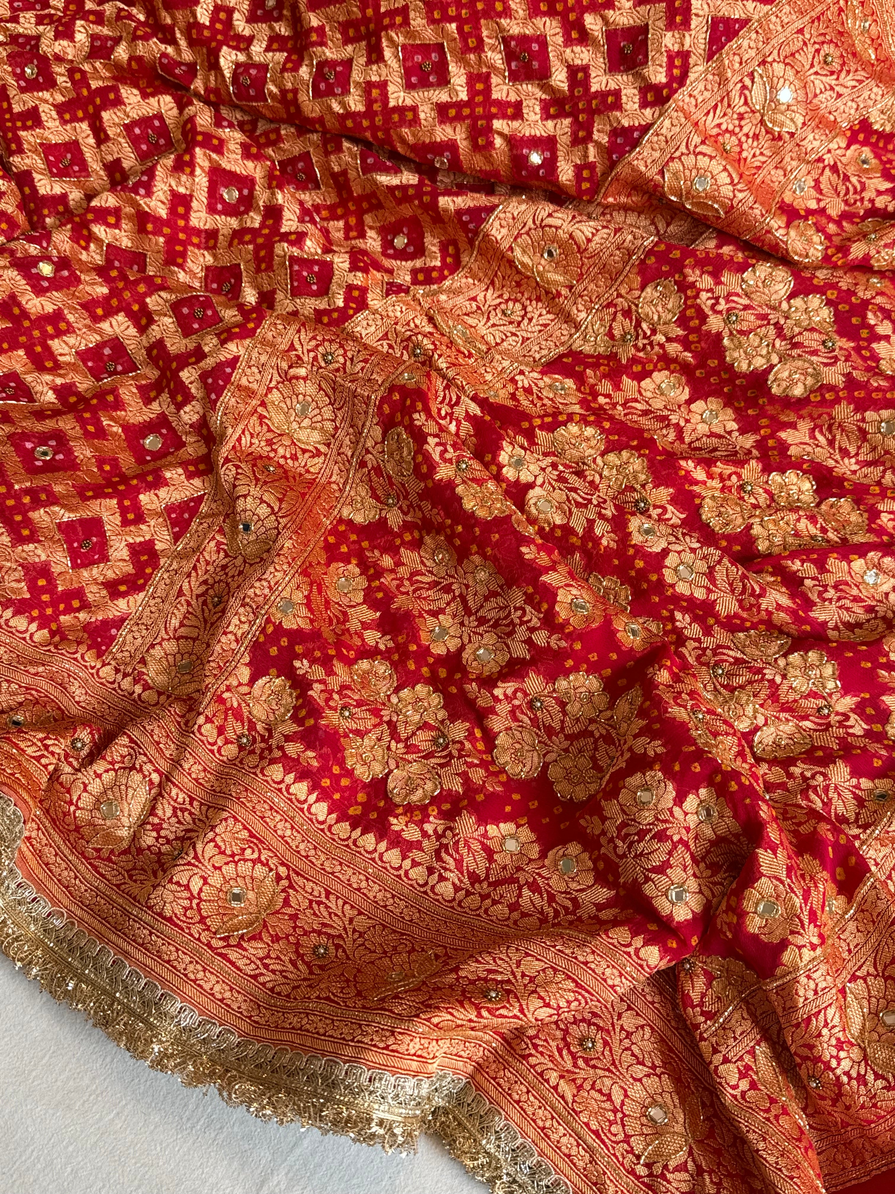 Banarasi chiffon gorgette rai bandhej kadhwa weaving hand embroidered saree