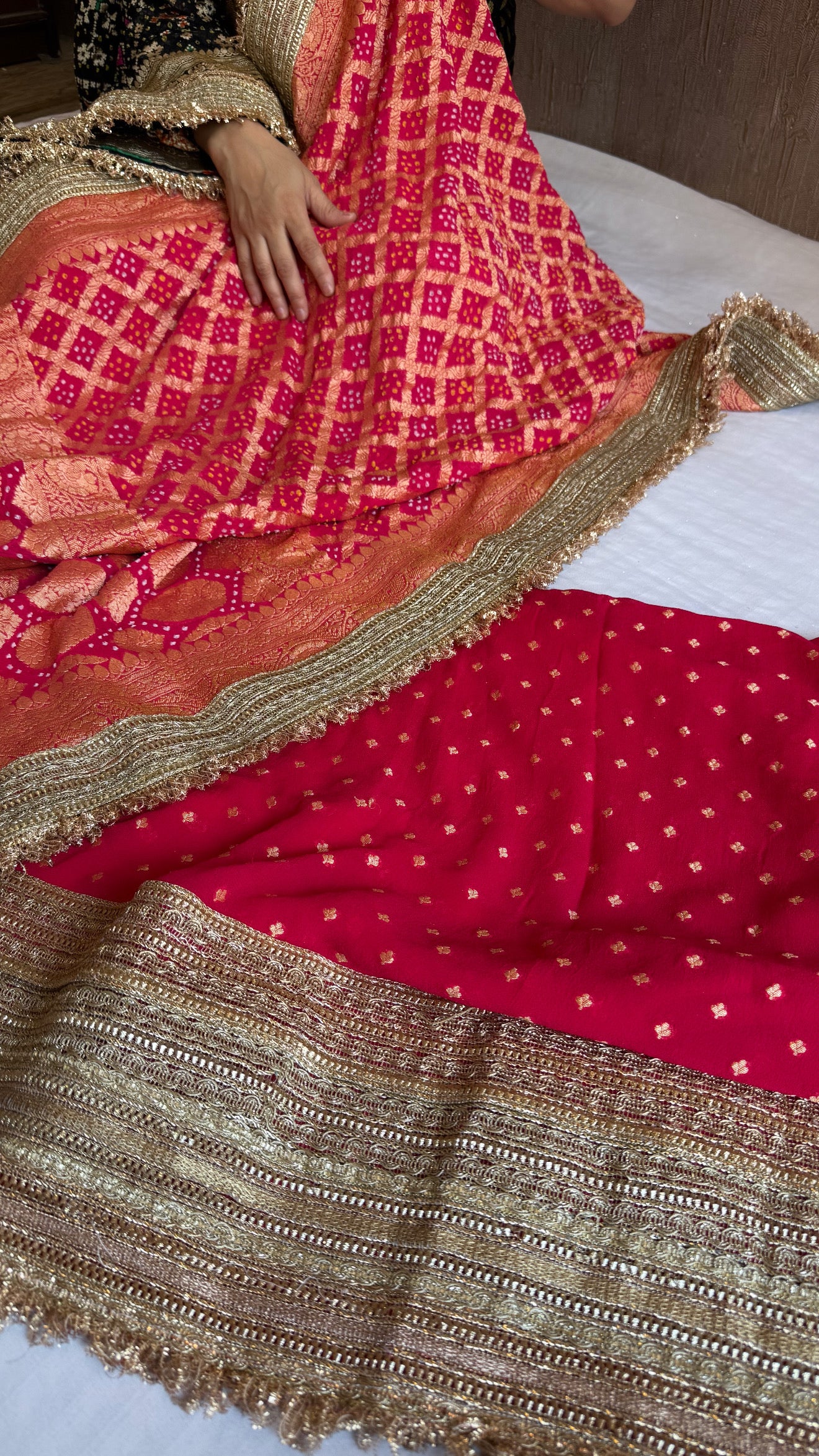 Strawberry pink rai banarasi bandhej gorgette kadhwa gotapatti suit set