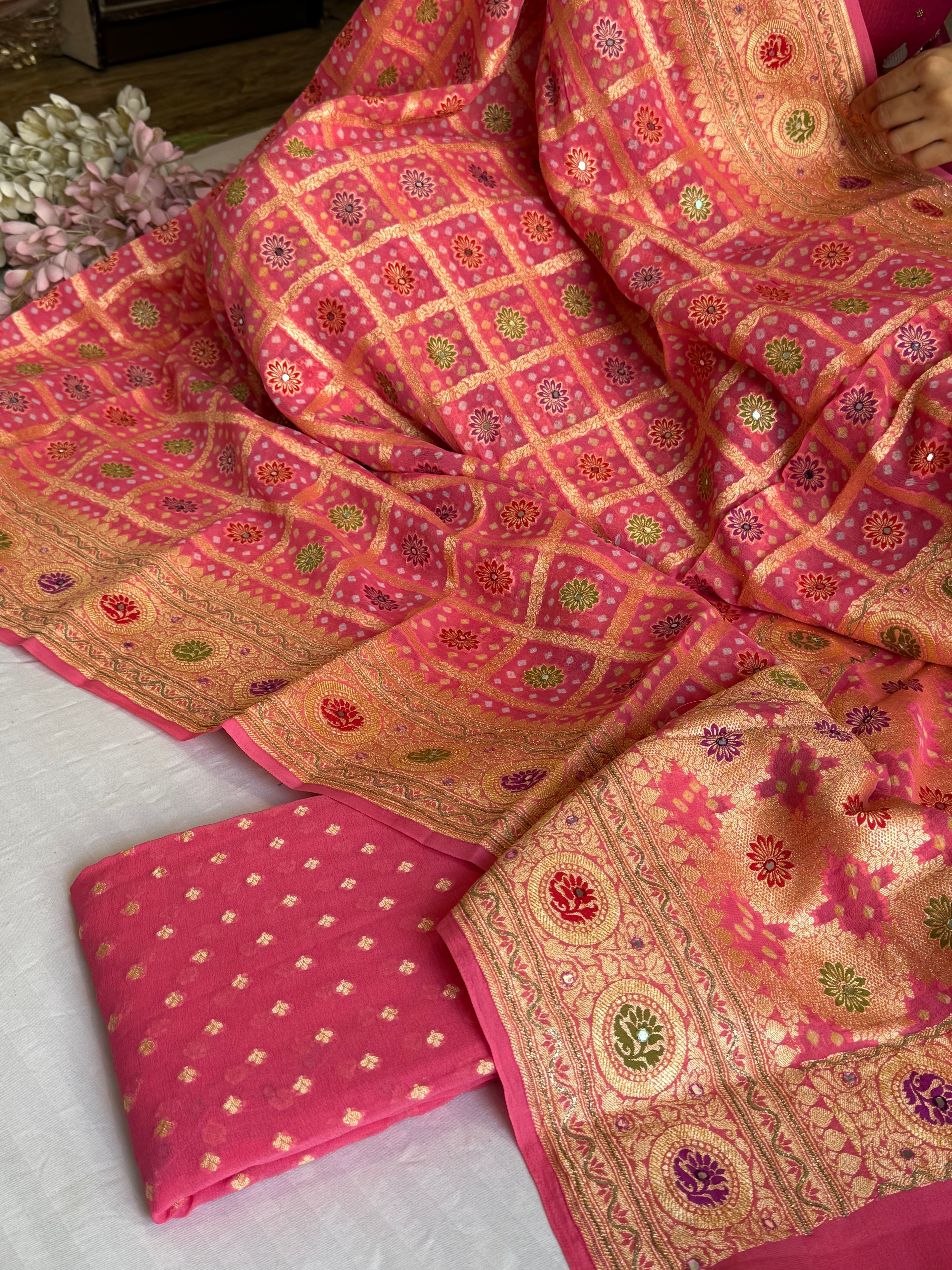 Mirror and dori work rose neon pink banarasi bandhej gorgette kadhwa suit sets