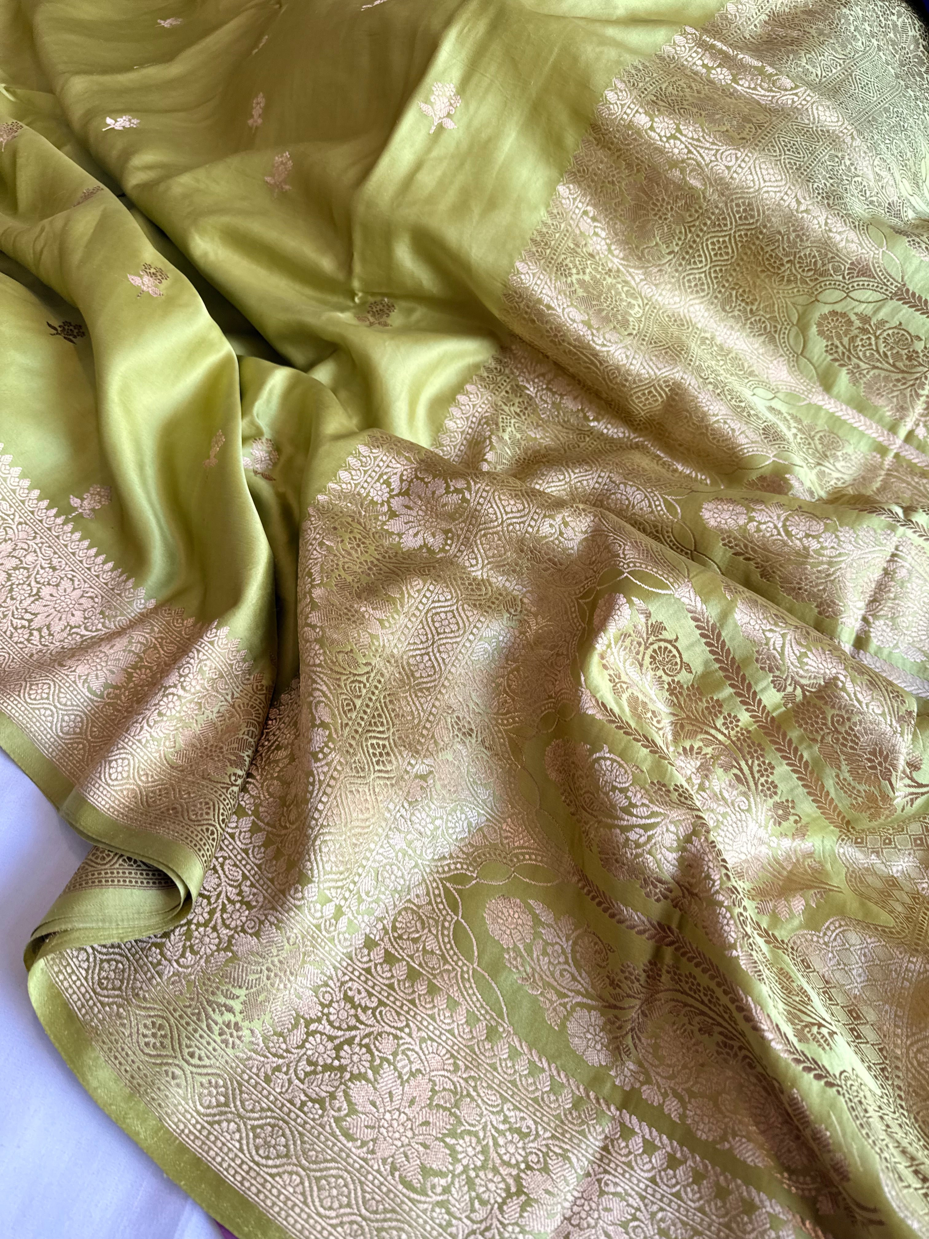 Chutney green banarasi mashru silk kadhwa buti saree