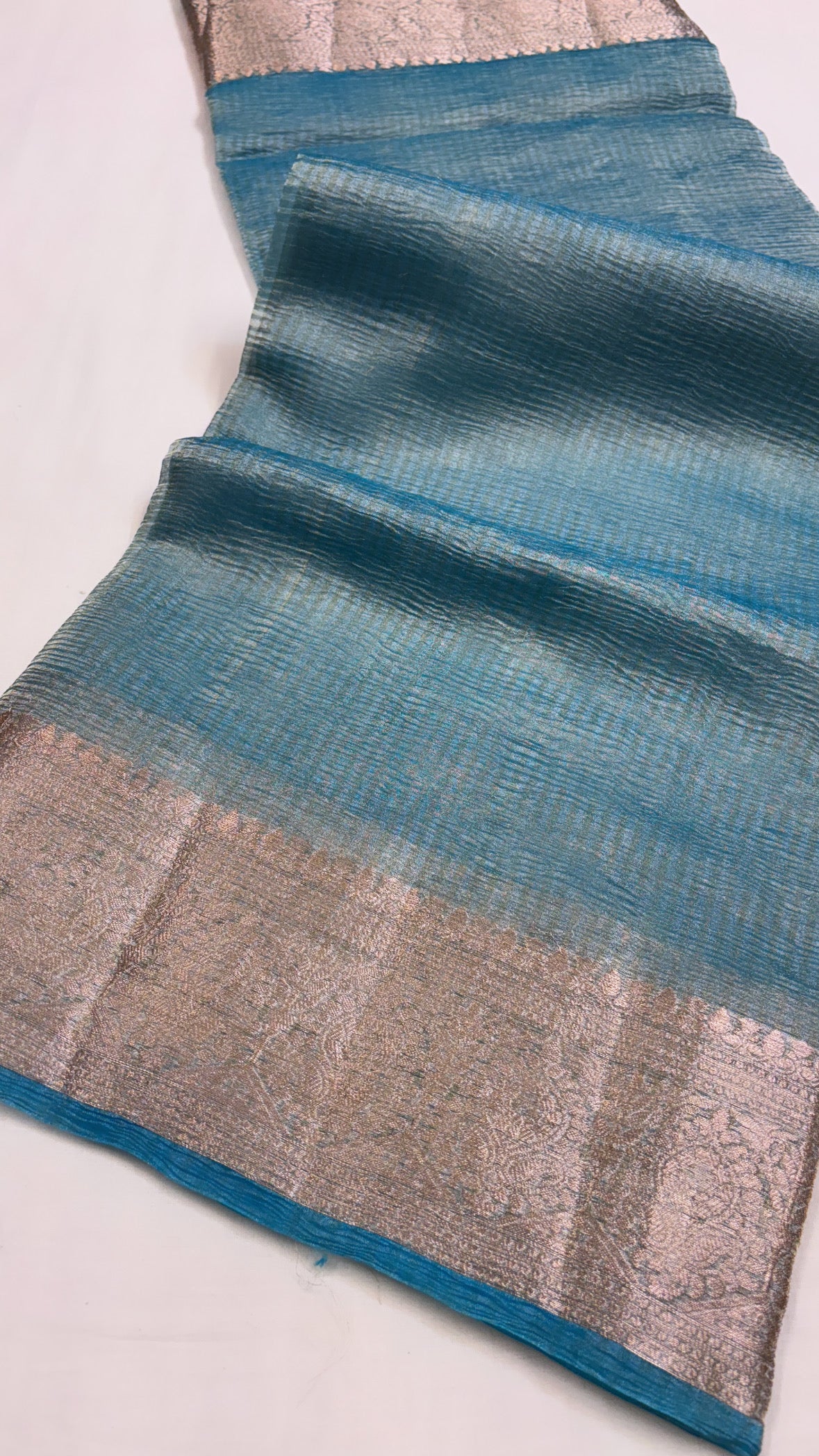 Pure banarasi firozi blue crushed tissue silk handwoven kadhwa saree with intricate border and kadhwa blouse