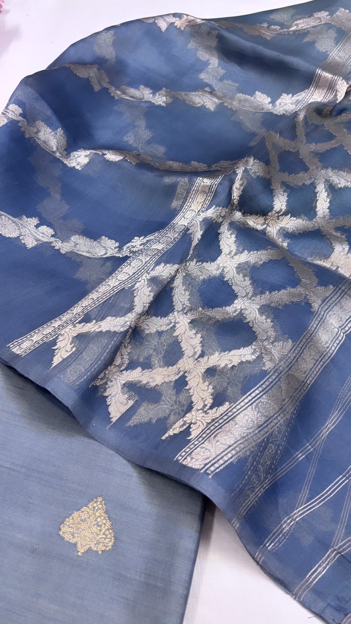 Pure Banarasi persian blue chiniya silk kadhwa suit set paired with kora silk ombre shaded kadhwa duppata and bottom set