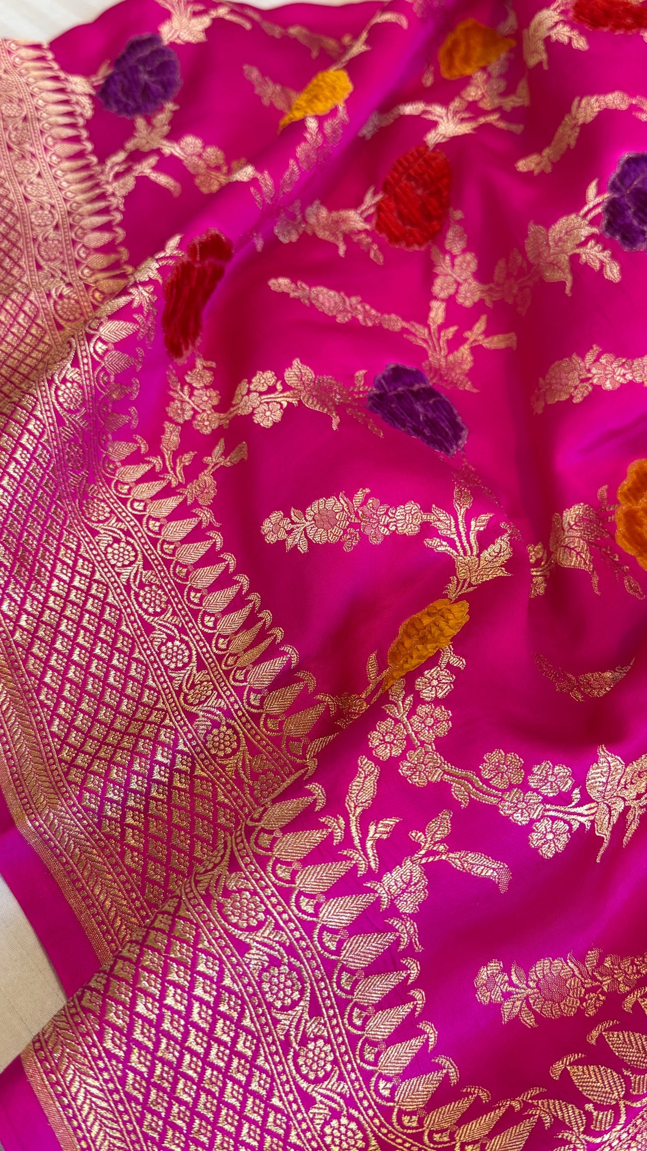 Hot pink banarasi mashru silk velvet buti kadhwa weaving saree
