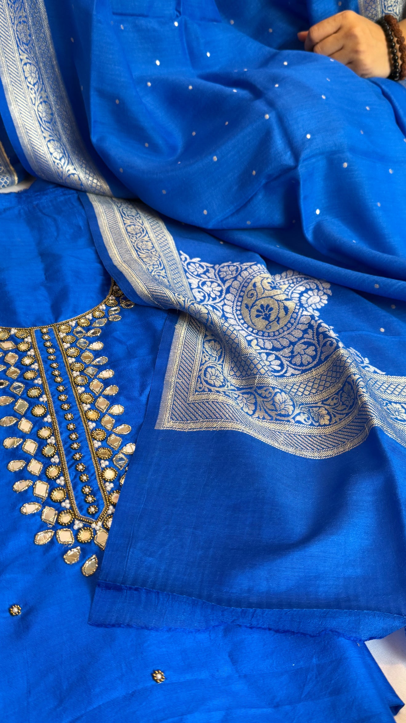 Sheesham ink blue mirror work hand embroidered katan silk suit set