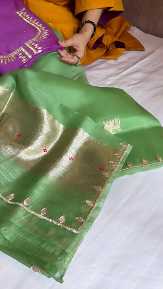 Purple-green hand embroidered kadhwa suit set from vyaah wala ghar edit