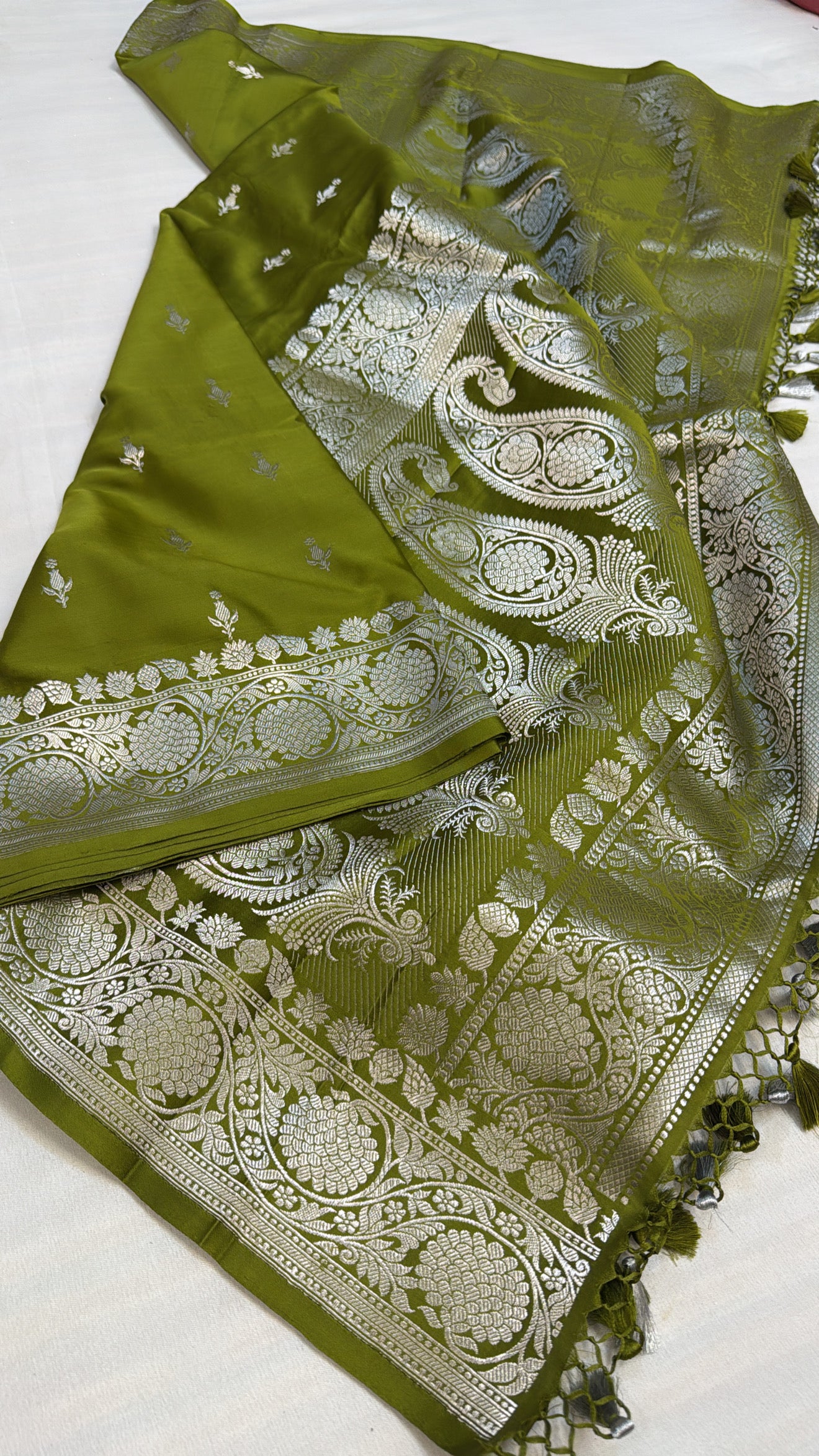 Mashru satin silk mehendi green shade banarasi saree