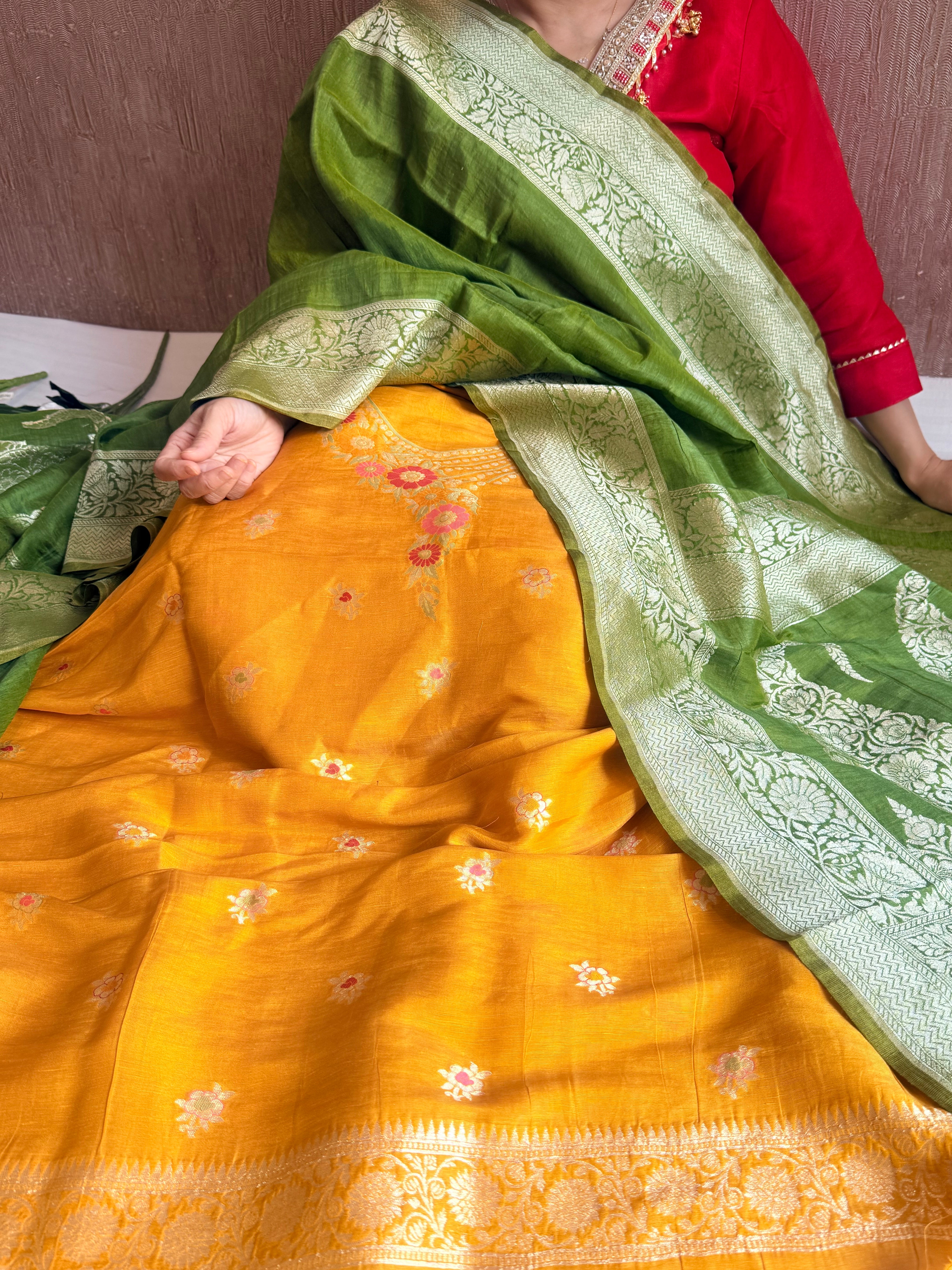 Banarasi linen gorgette neckwork weaving meenakari suit set