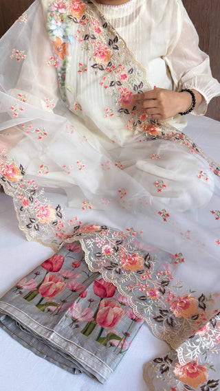 Printed moonga silk resham hand embroidered kadhwa meenakari suit set
