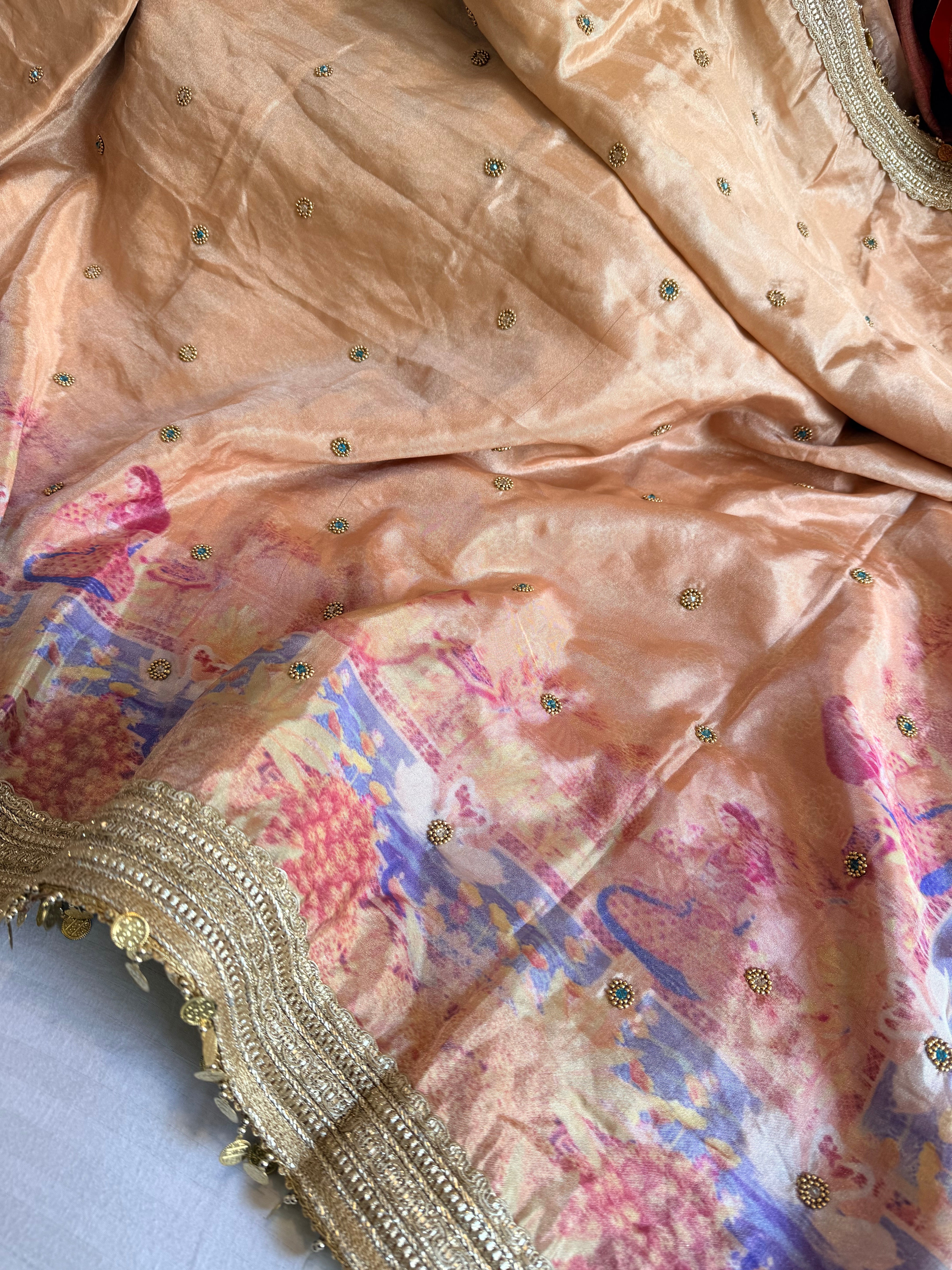 Printed tissue silk hand embroidered kadhwa gotapatti saree