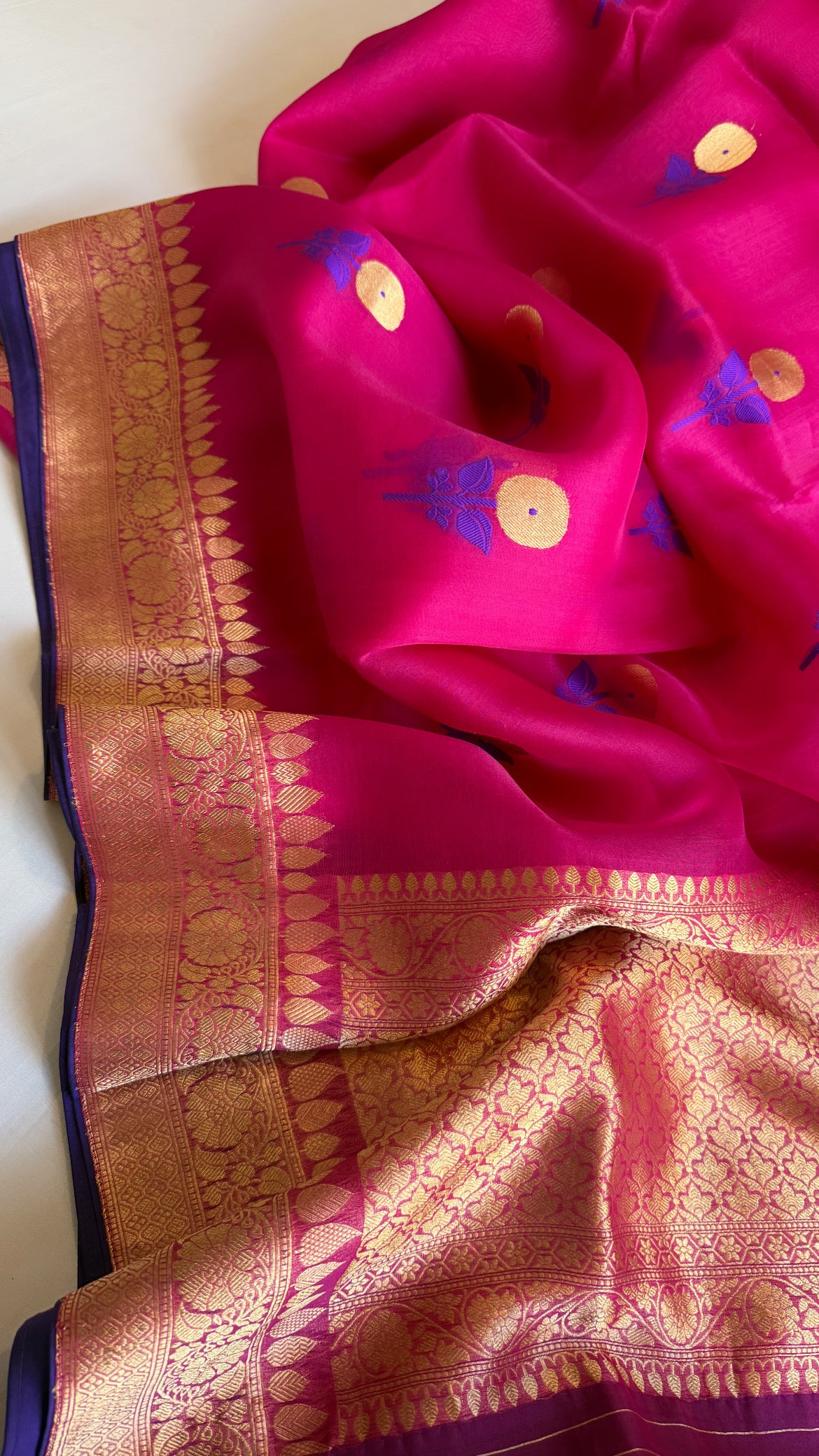 Magenta pink kora silk kadhwa banarasi border saree