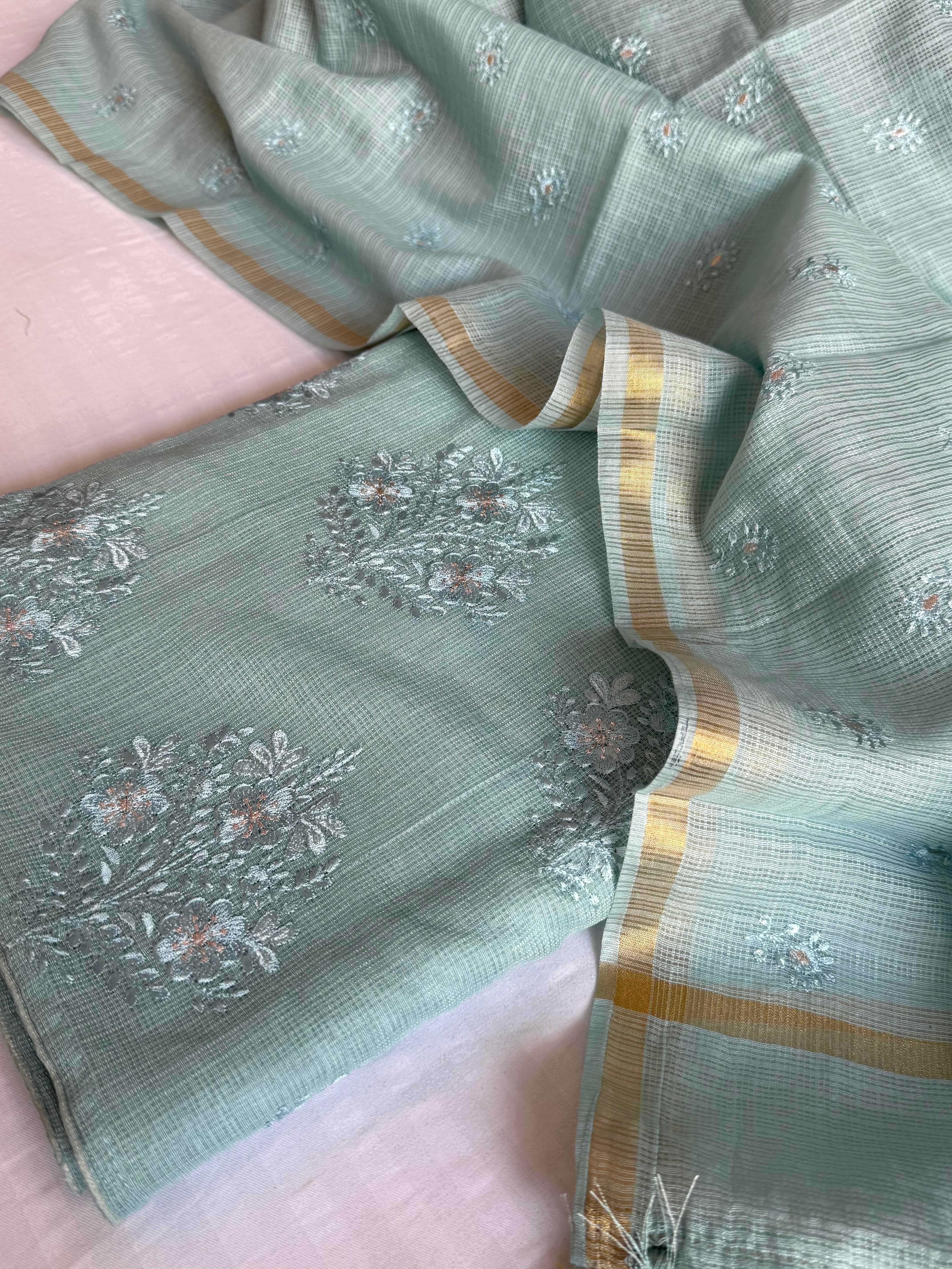Sage blue kota check appliqué work kadhwa suit set