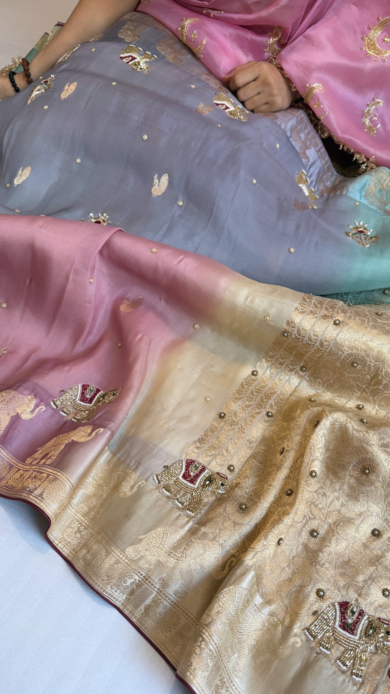 Sufi night edit - Banarasi kora silk elephant motif hand embroidered kadhwa shaded saree