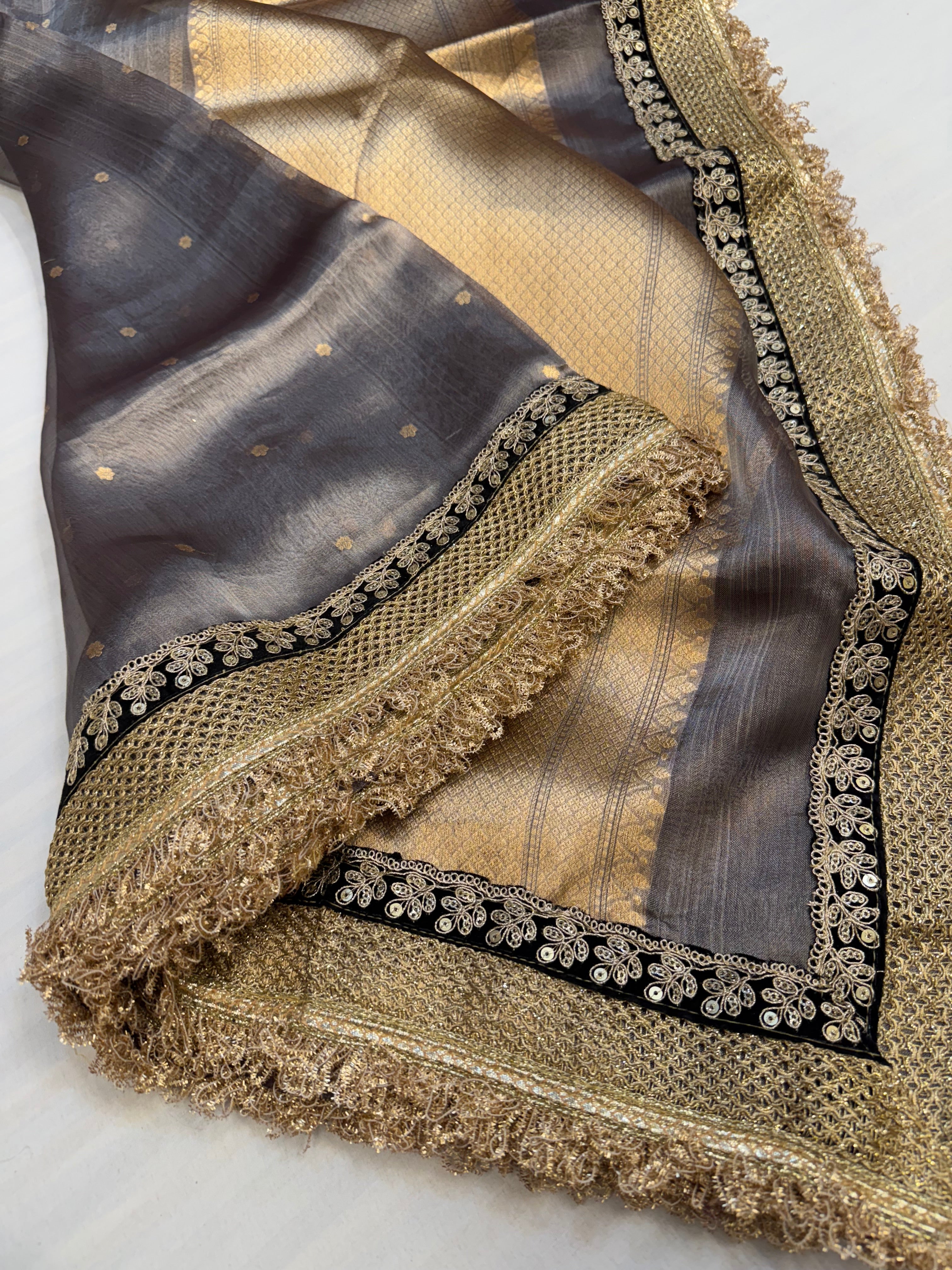 Metallic grey maharani tissue silk kadhwa buti saree