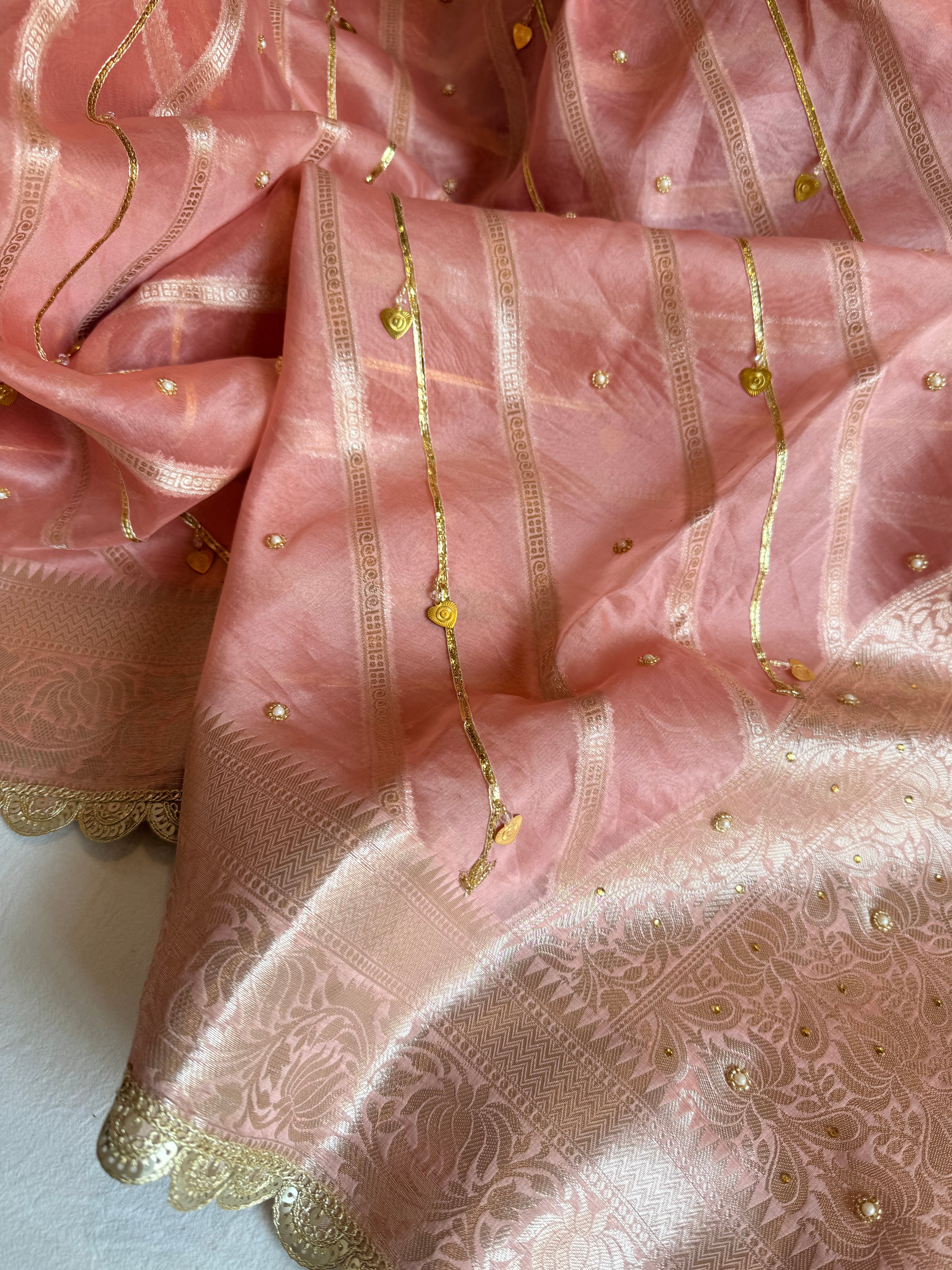 Kora silk kadhwa striped gotapatti work hand embroidered saree