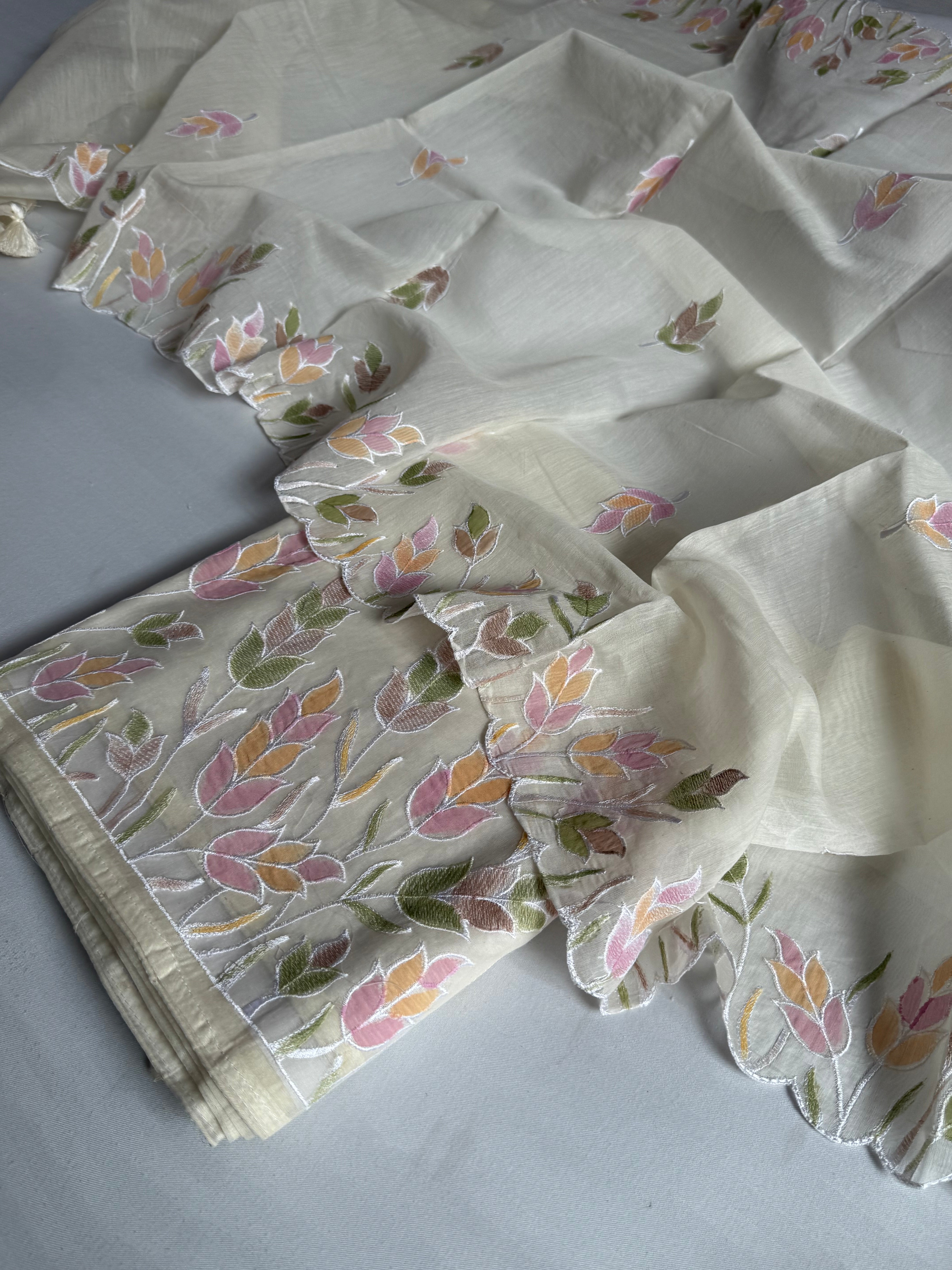 White mul banarasi cotton brush dyed appliqué work suit set