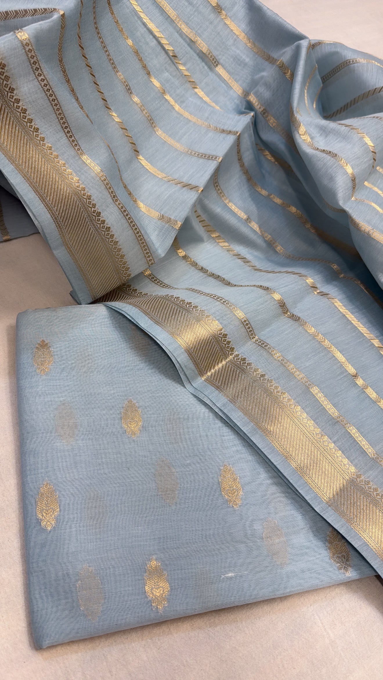 Blush blue mul banarasi cotton kadhwa suit set
