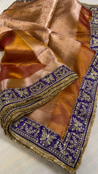 Kanjivaram orange maharani tissue silk meenakari border saree