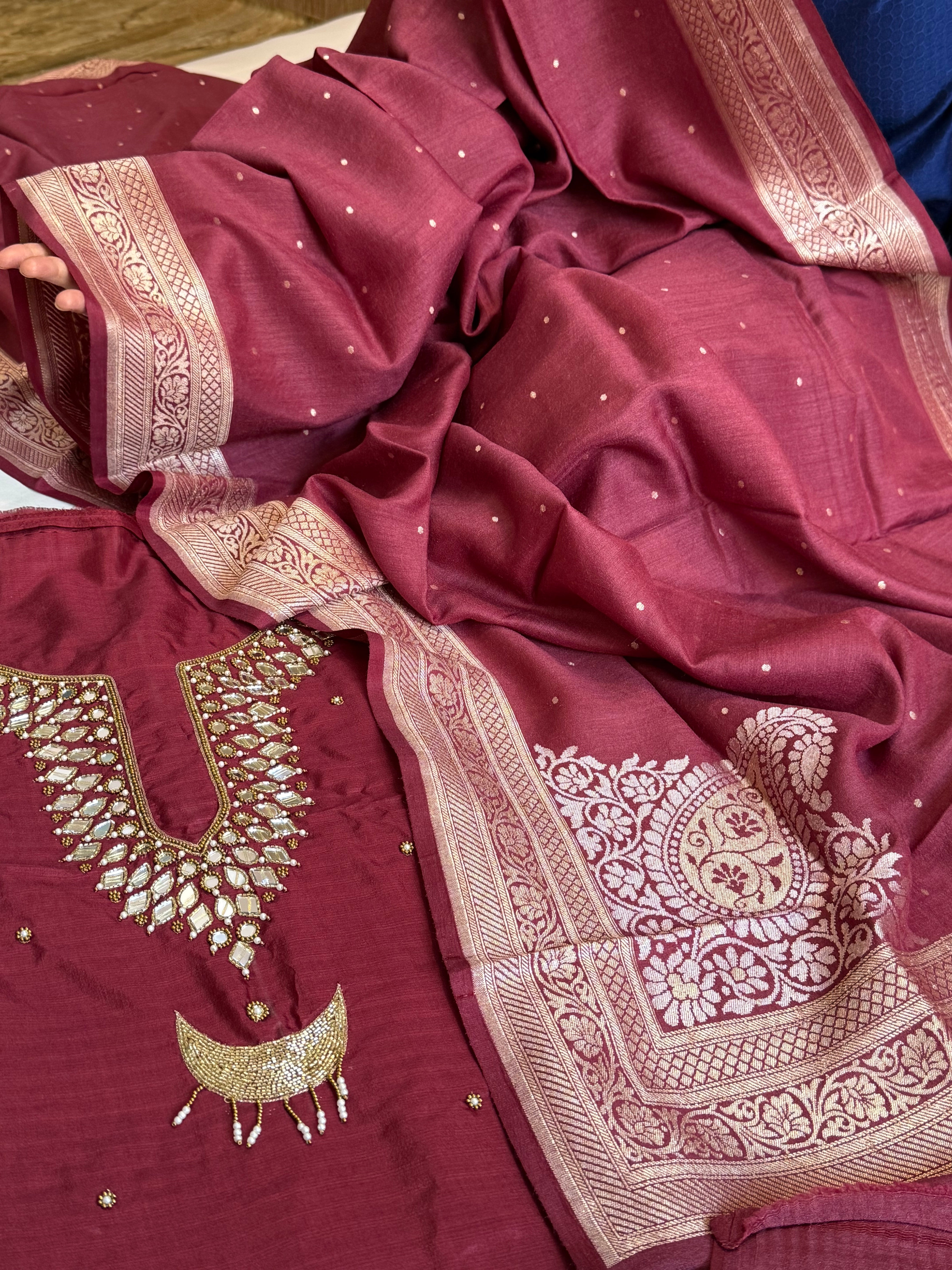 Sheesham maroon mirror work katan silk kadhwa hand embroidered suit set
