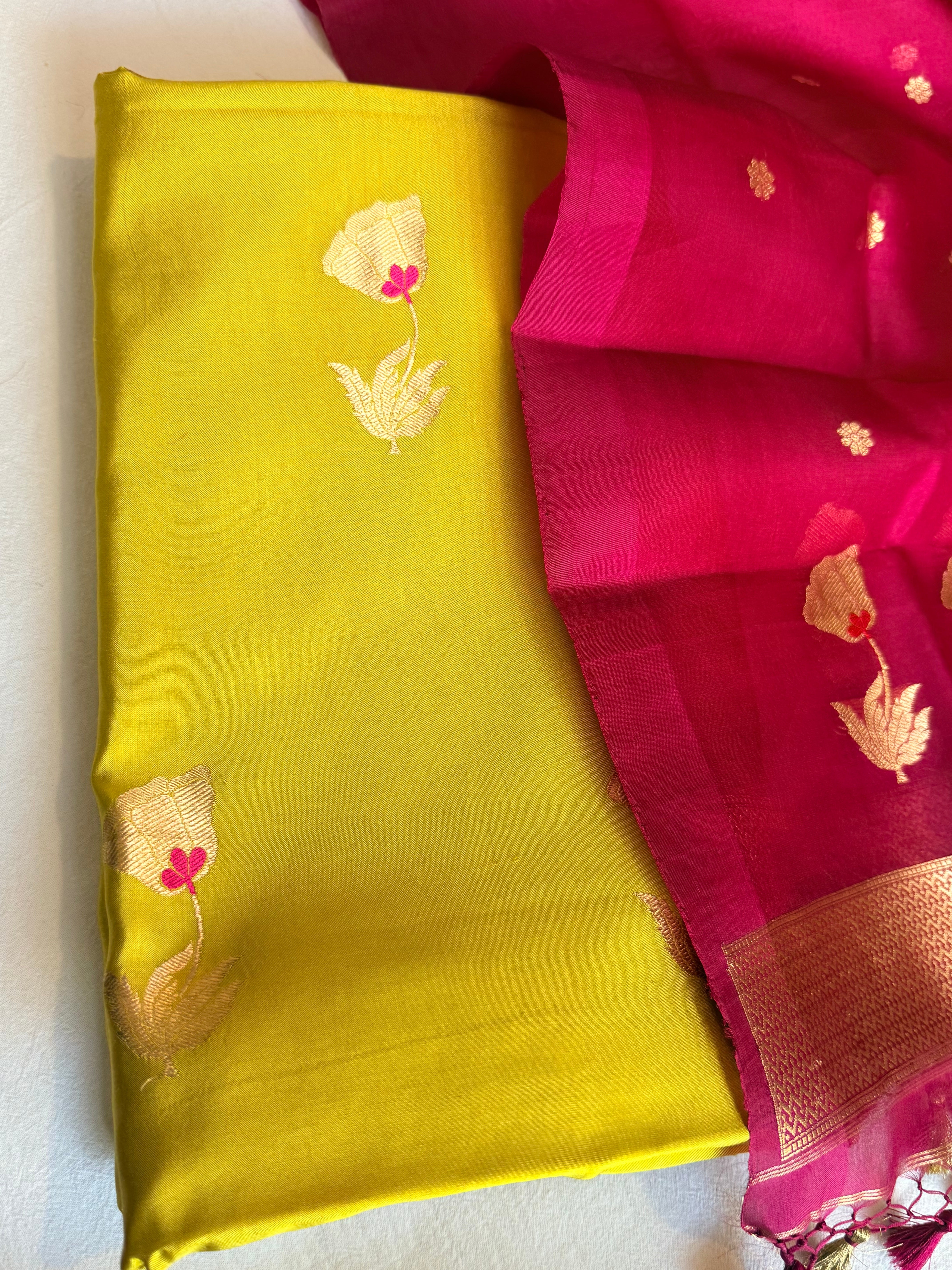 Rose buta spun chiniya silk kadhwa buti suit set