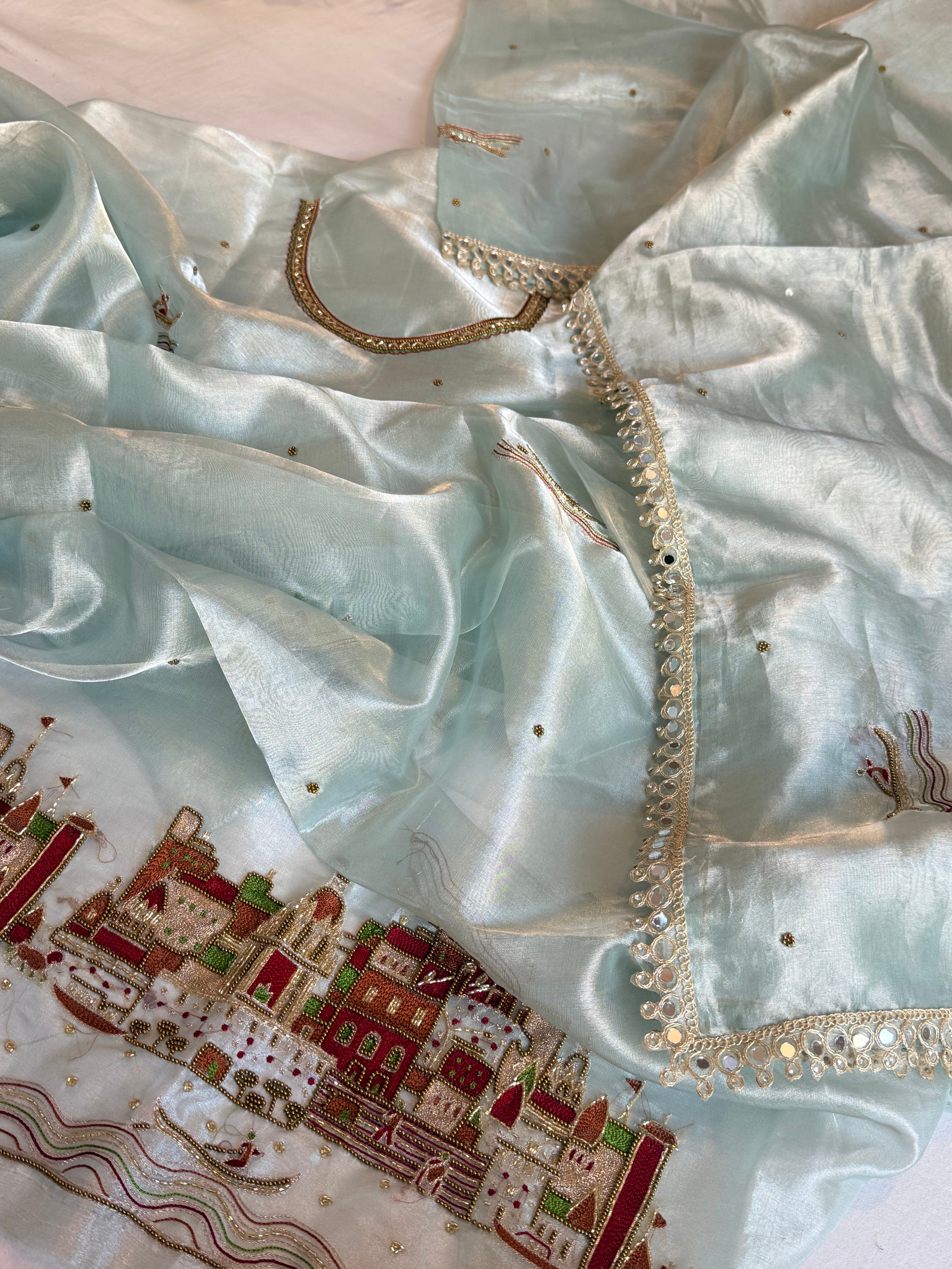 Ghat Banarasiya edit - Ice water blue diamond tissue silk hand embroidered suit