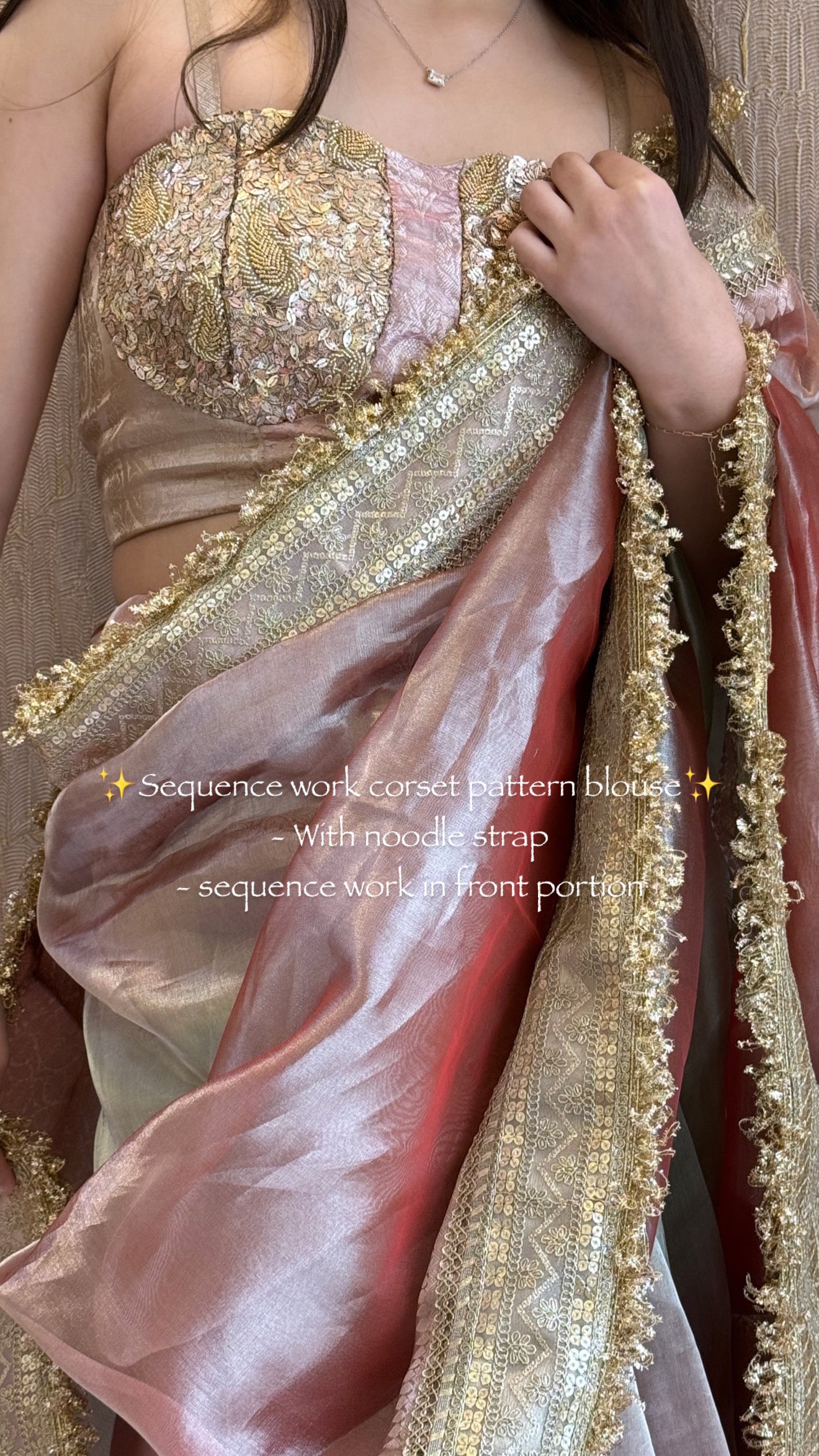 Add stitching in corset pattern of blouse with sequence work