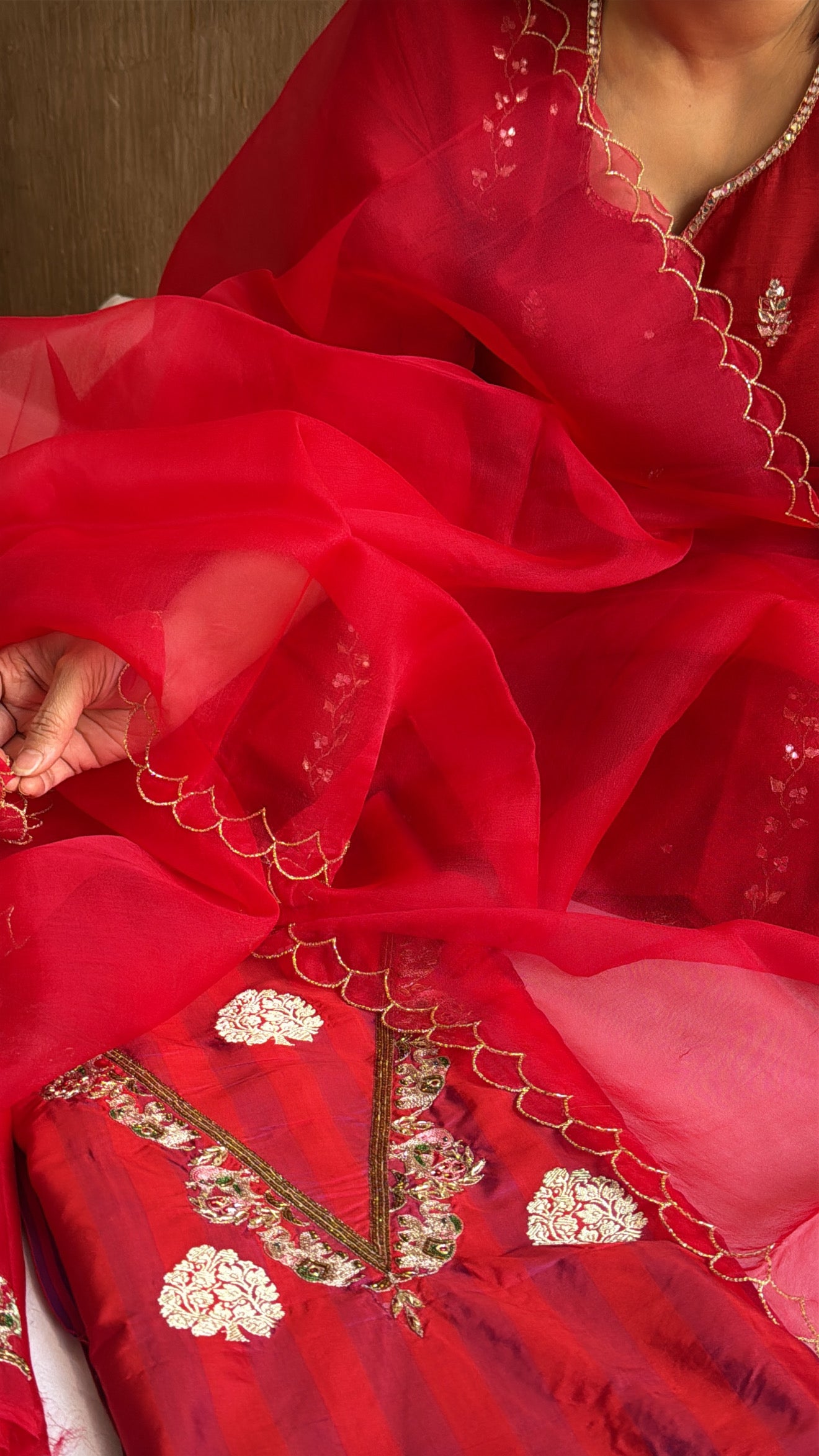 Blood red-cherry red dhup chao effect katan silk striped kurta paired with Kora silk scalloped duppata set