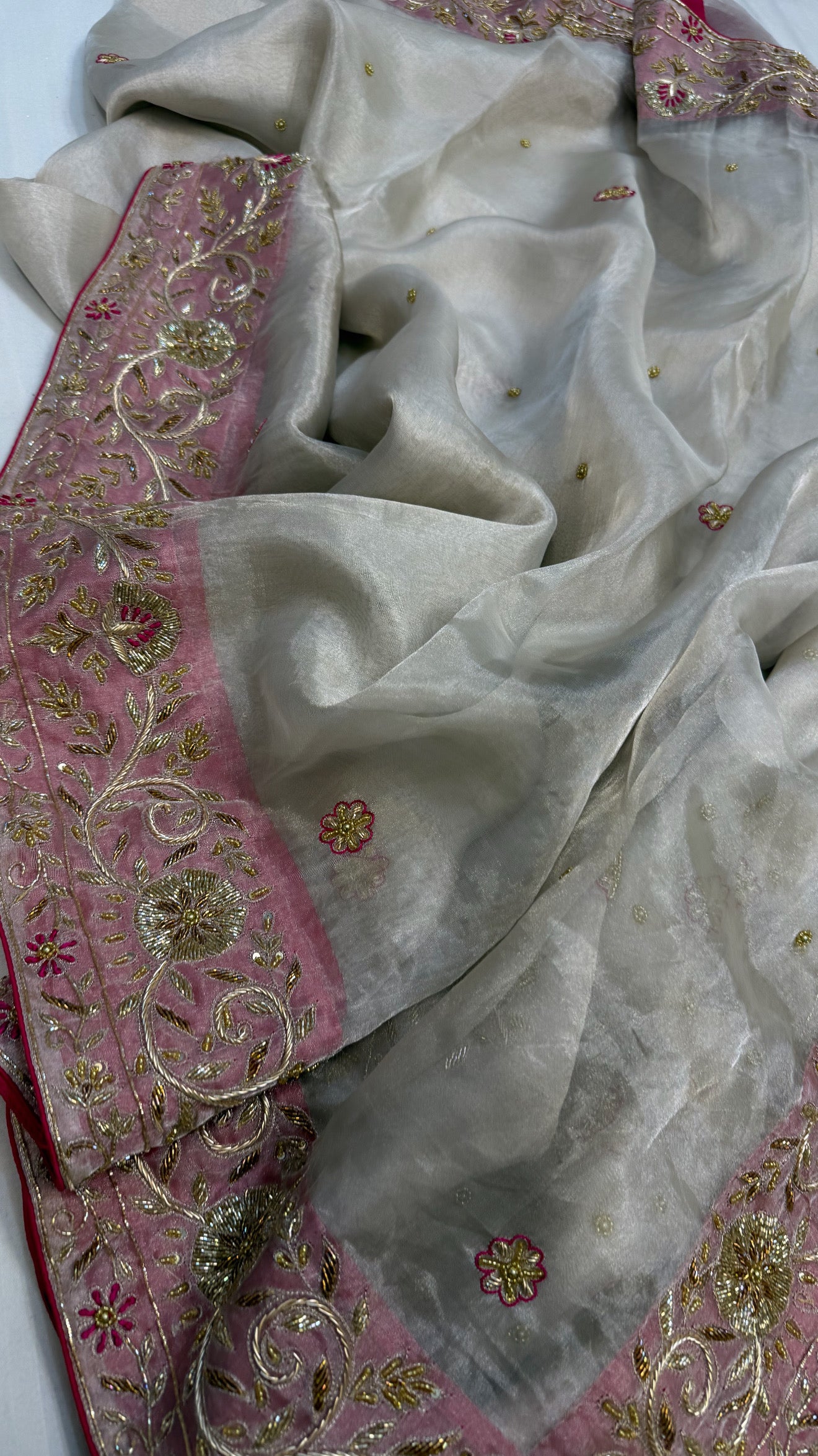 Gulab ki pankhuri husn tissue silk heavy zardozi hand embroidered border saree