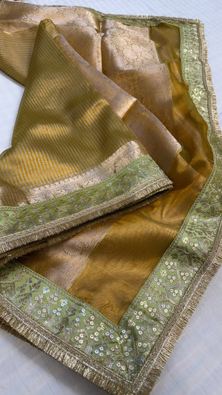 Lime green maharani tissue silk meenakari border saree