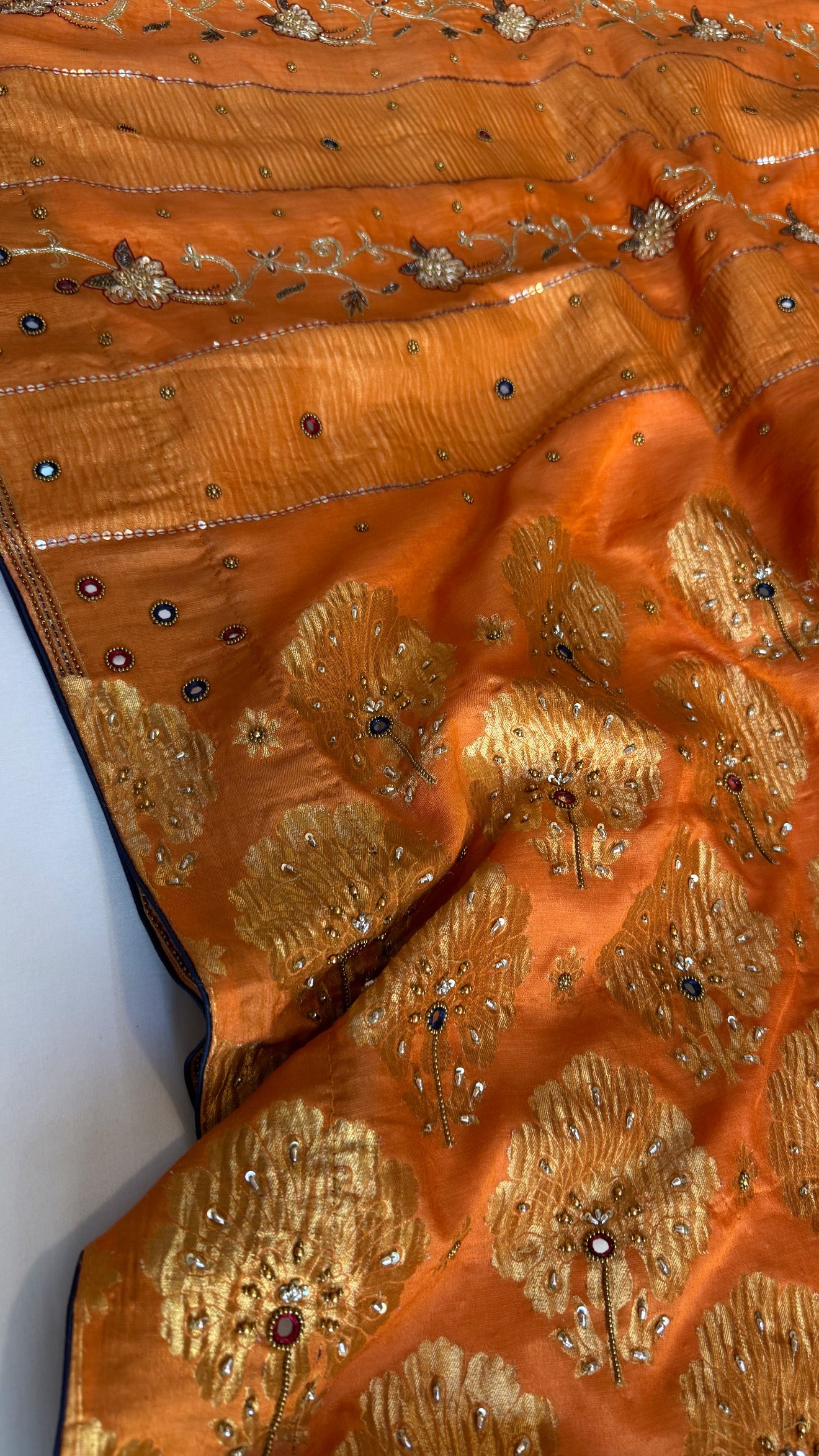 Mastani edit - Fanta orange moonga silk hand embroidered kadhwa saree