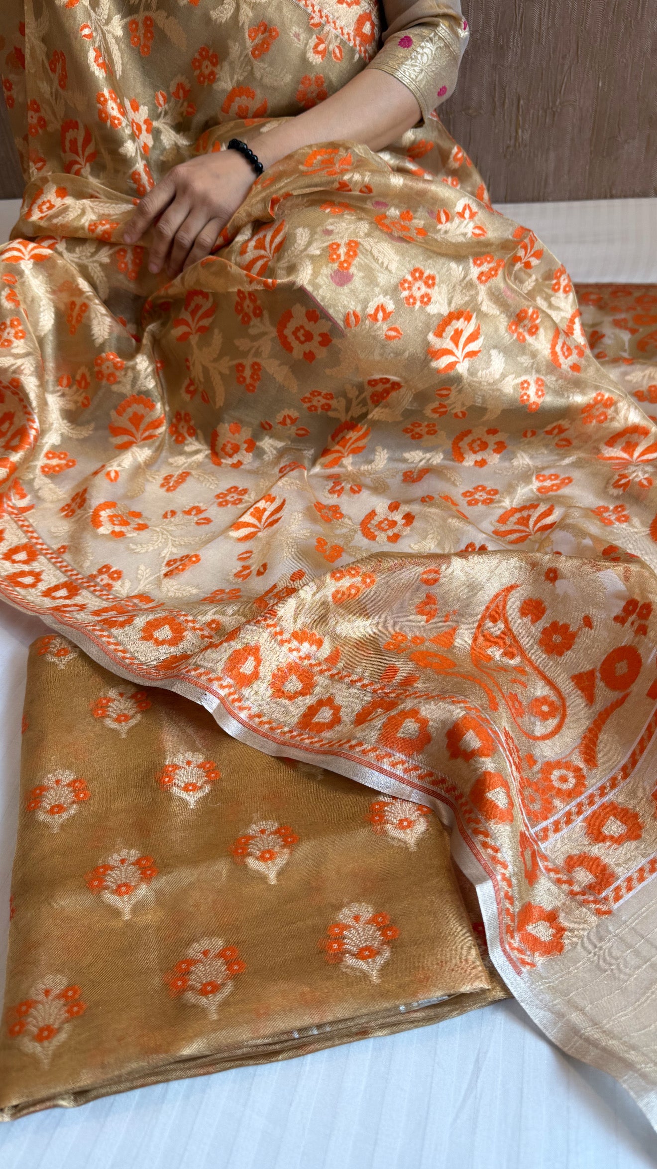 Iktara tissue silk orange meenakari jungla jamdani suit set