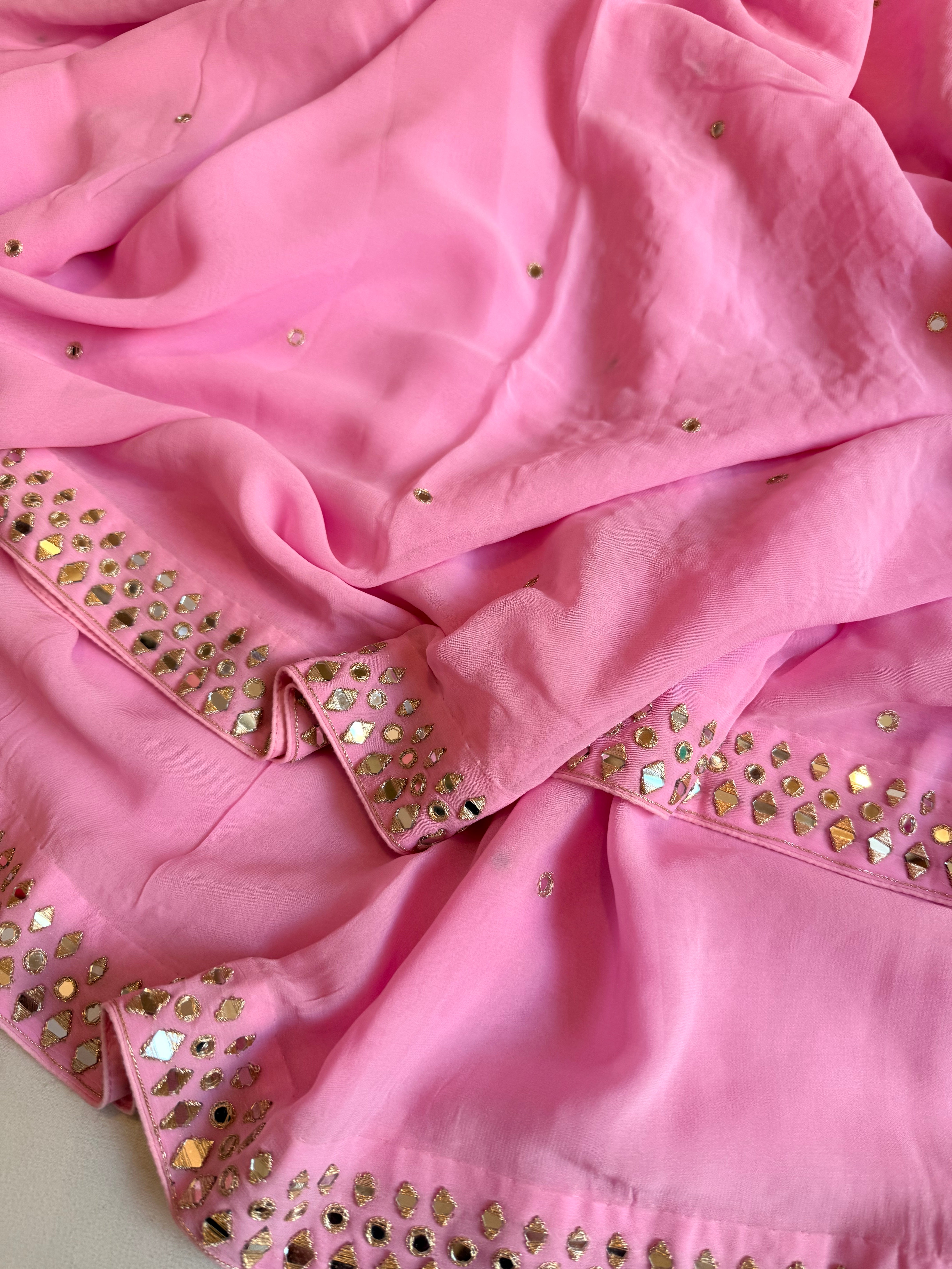 Mother’s Day offer - Candy pink chiffon gorgette mirrorwork hand embroidered sarees