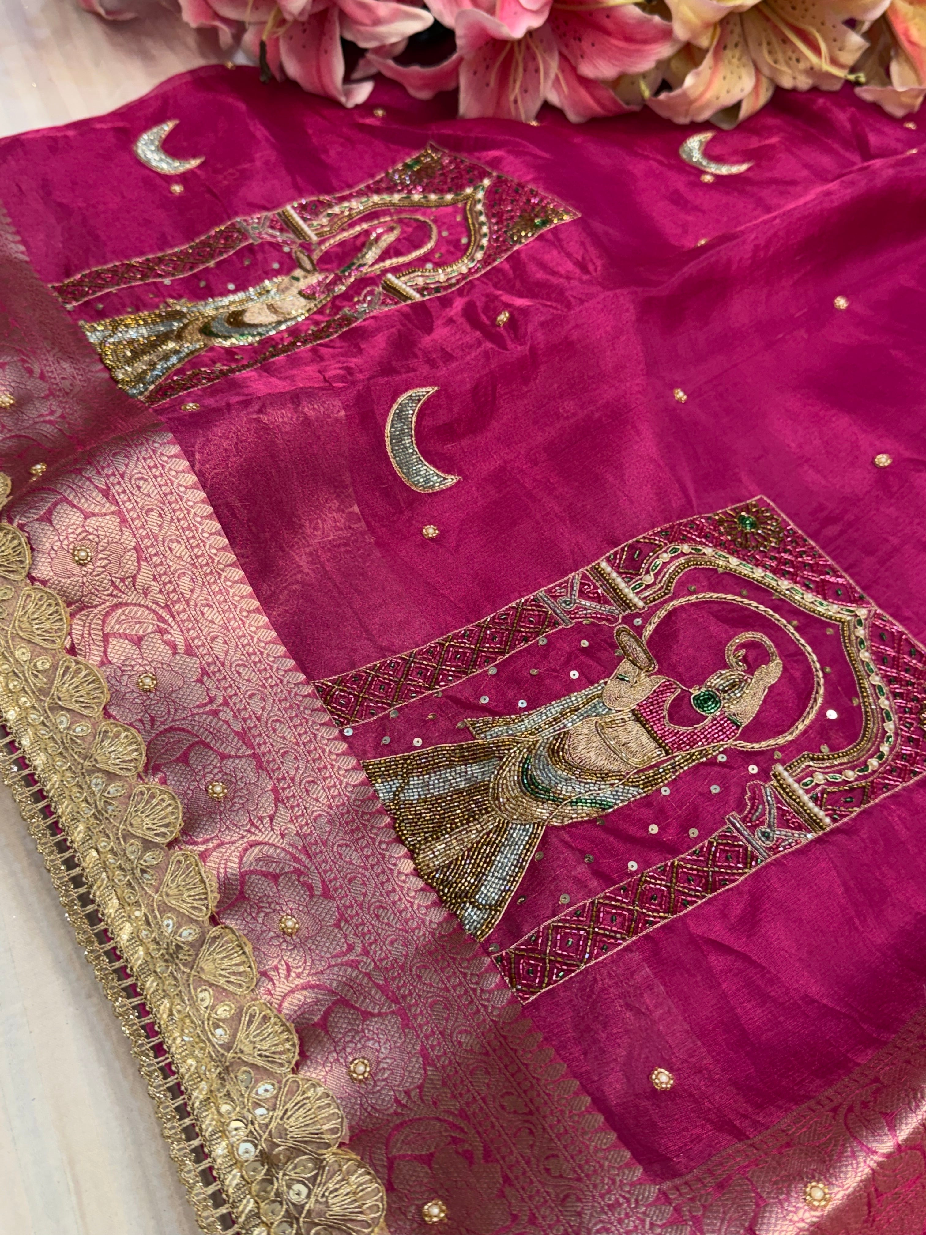 Karwachauth special - Hot metallic pink tissue silk hand embroidered meenakari saree