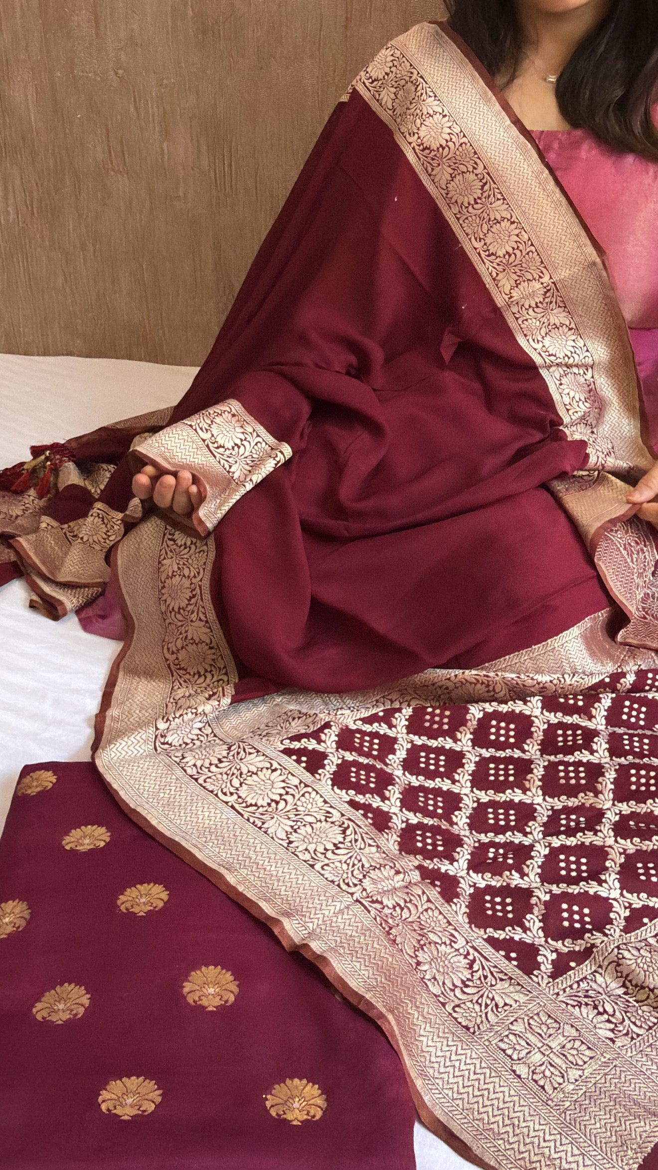 Blood maroonish banarasi gorgette kadhwa suit set