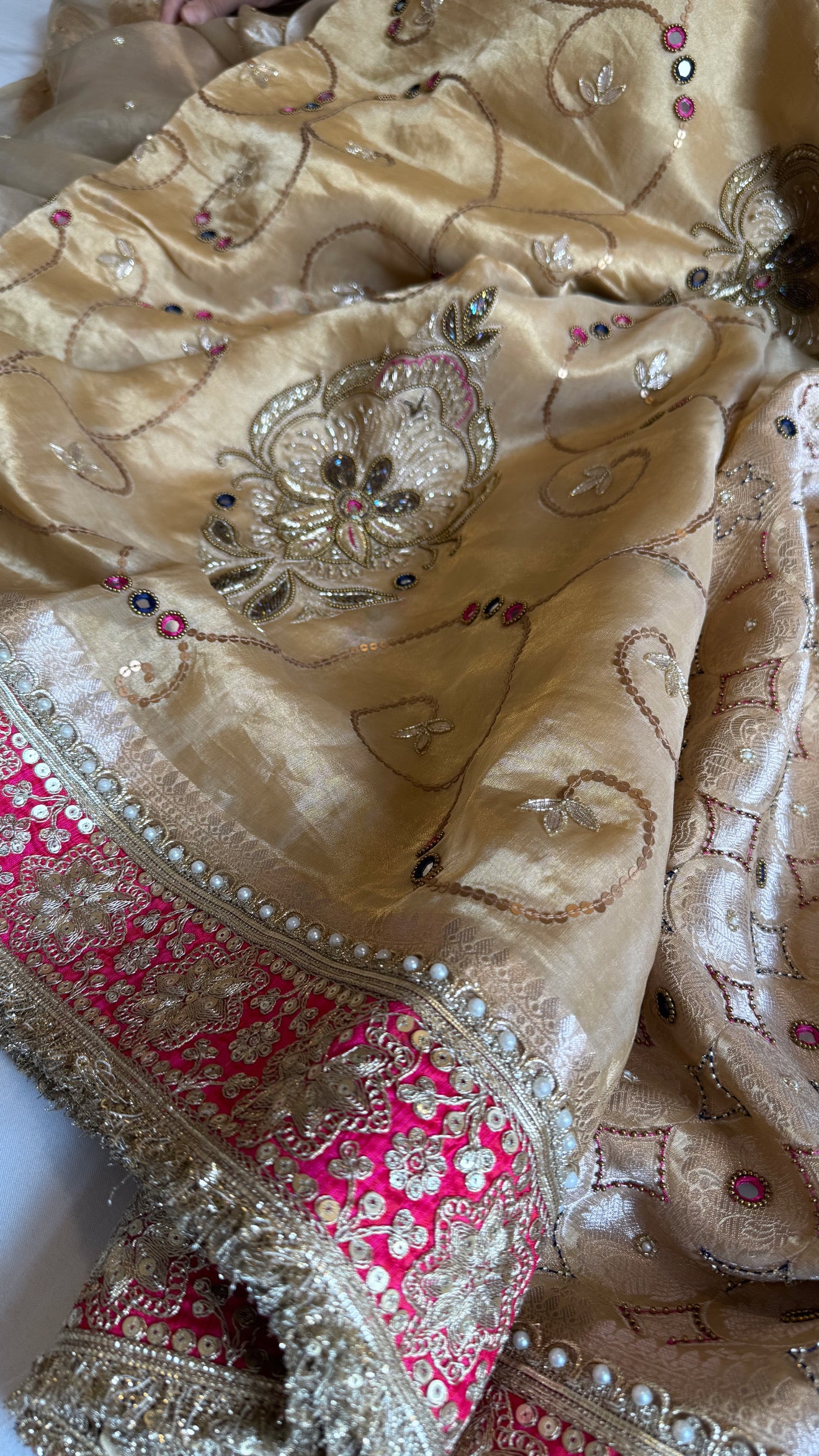 Kutchi inspired “sheesham edit” mirror work and meenakari work hand embroidered saree