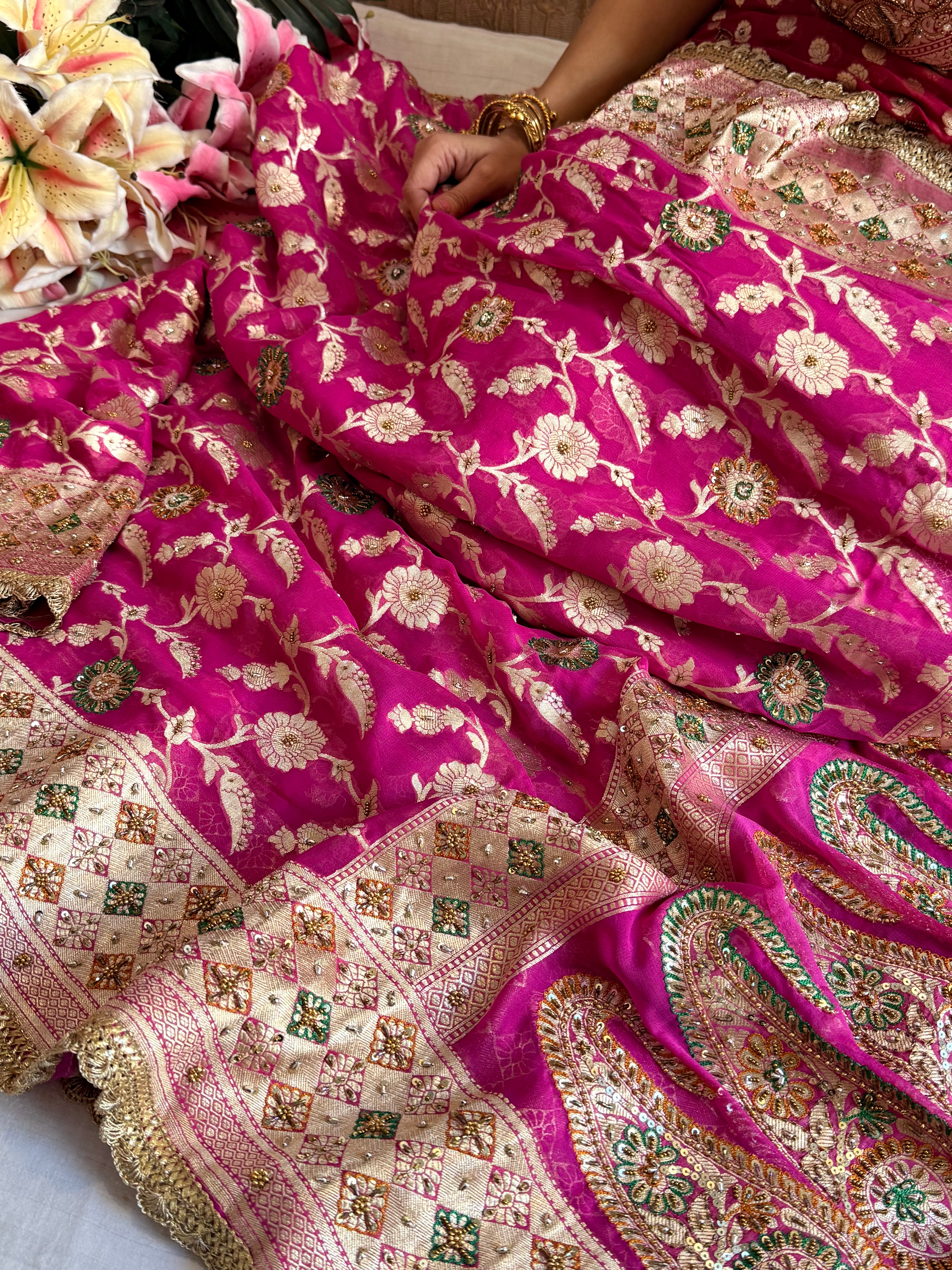 Banarasi chiffon gorgette rani pink hand embroidered kadhwa saree