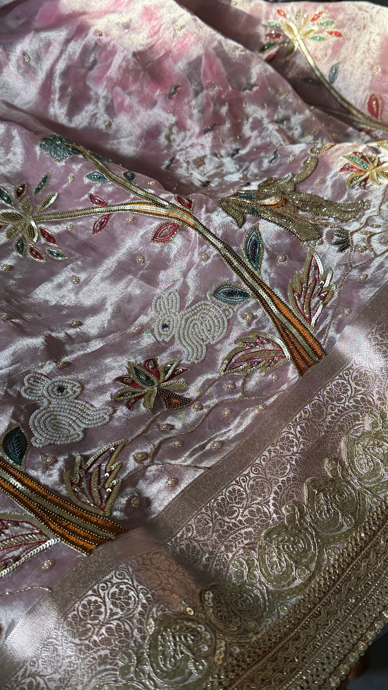 First meeting wali saree - Blush pink elephant and jungle motif hand embroidered tissue silk saree