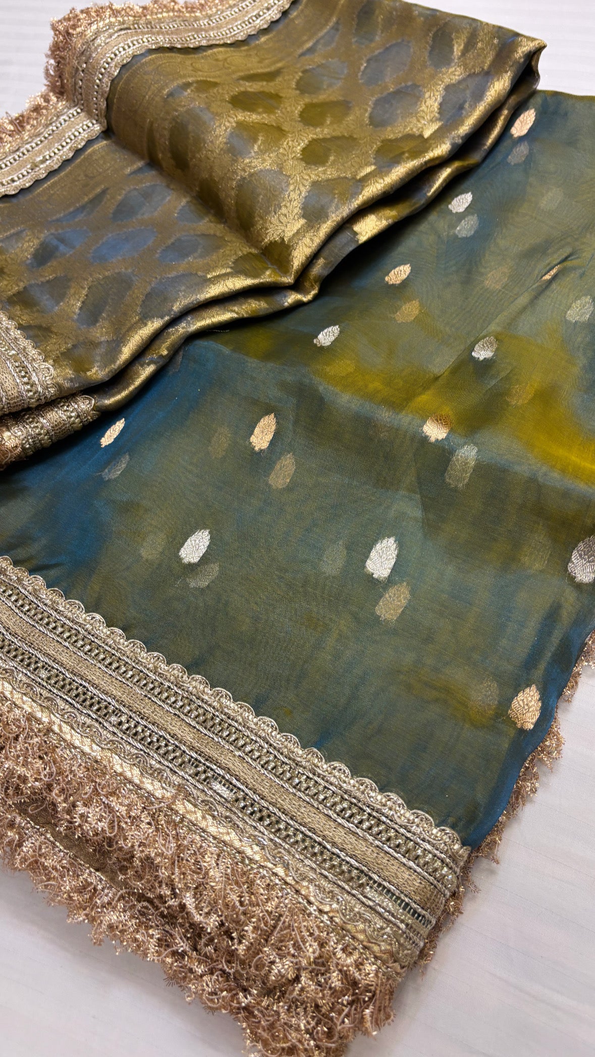 Moss greenish blue dhup chao effect maharani tissue silk saree with maharani tissue silk duppata