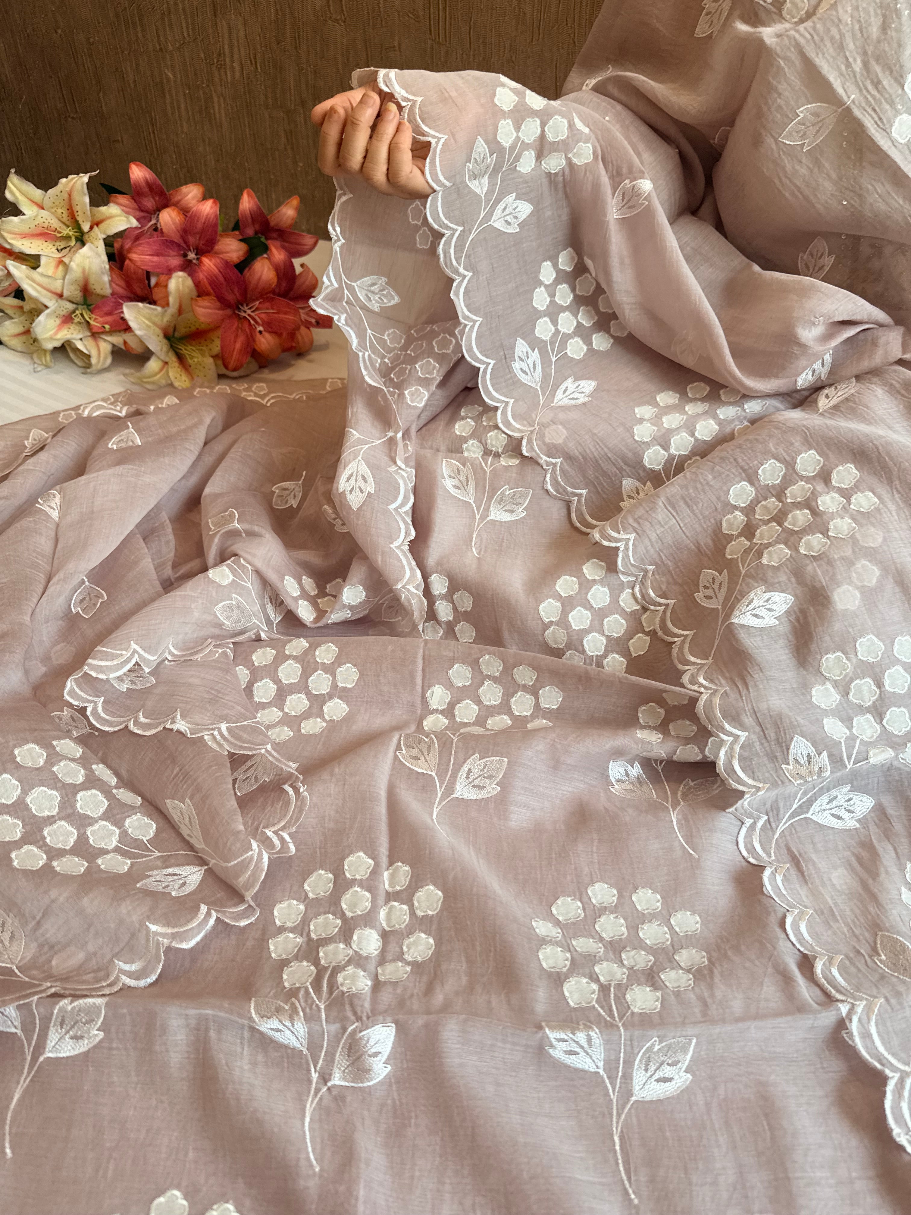 Alia bhatt inspired dusty lilac pink mulmul appliqué work suit set
