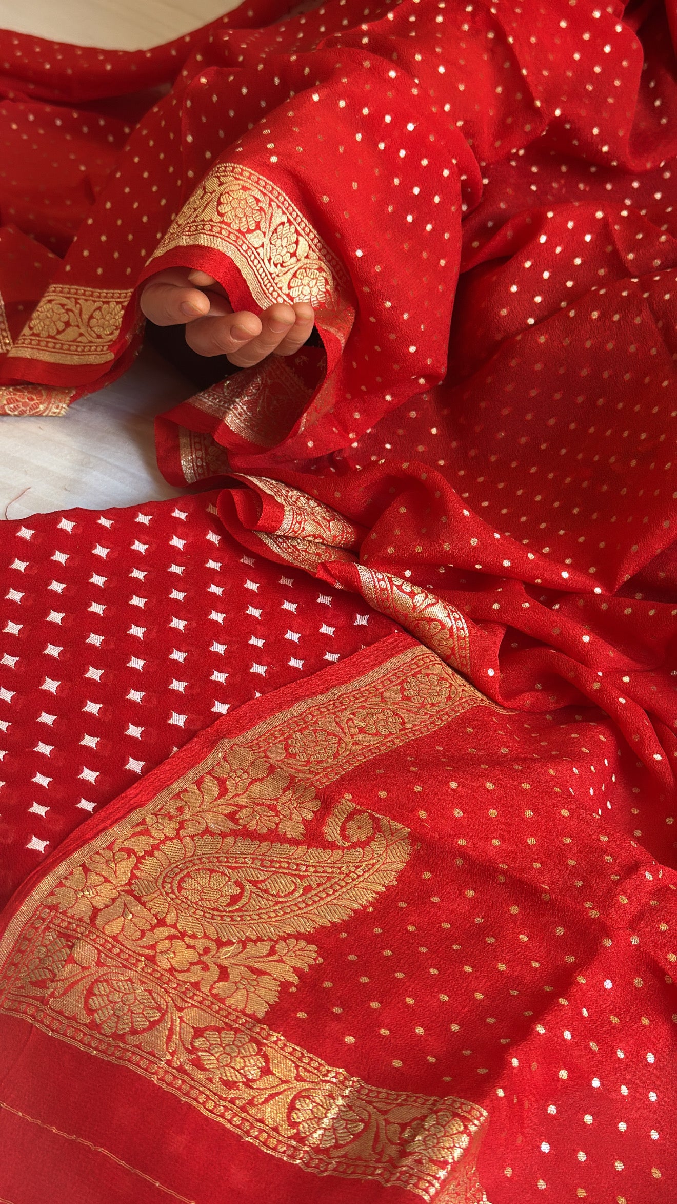 Vivah edit - Red chiffon gorgette chunri buti kadhwa banarasi suit set