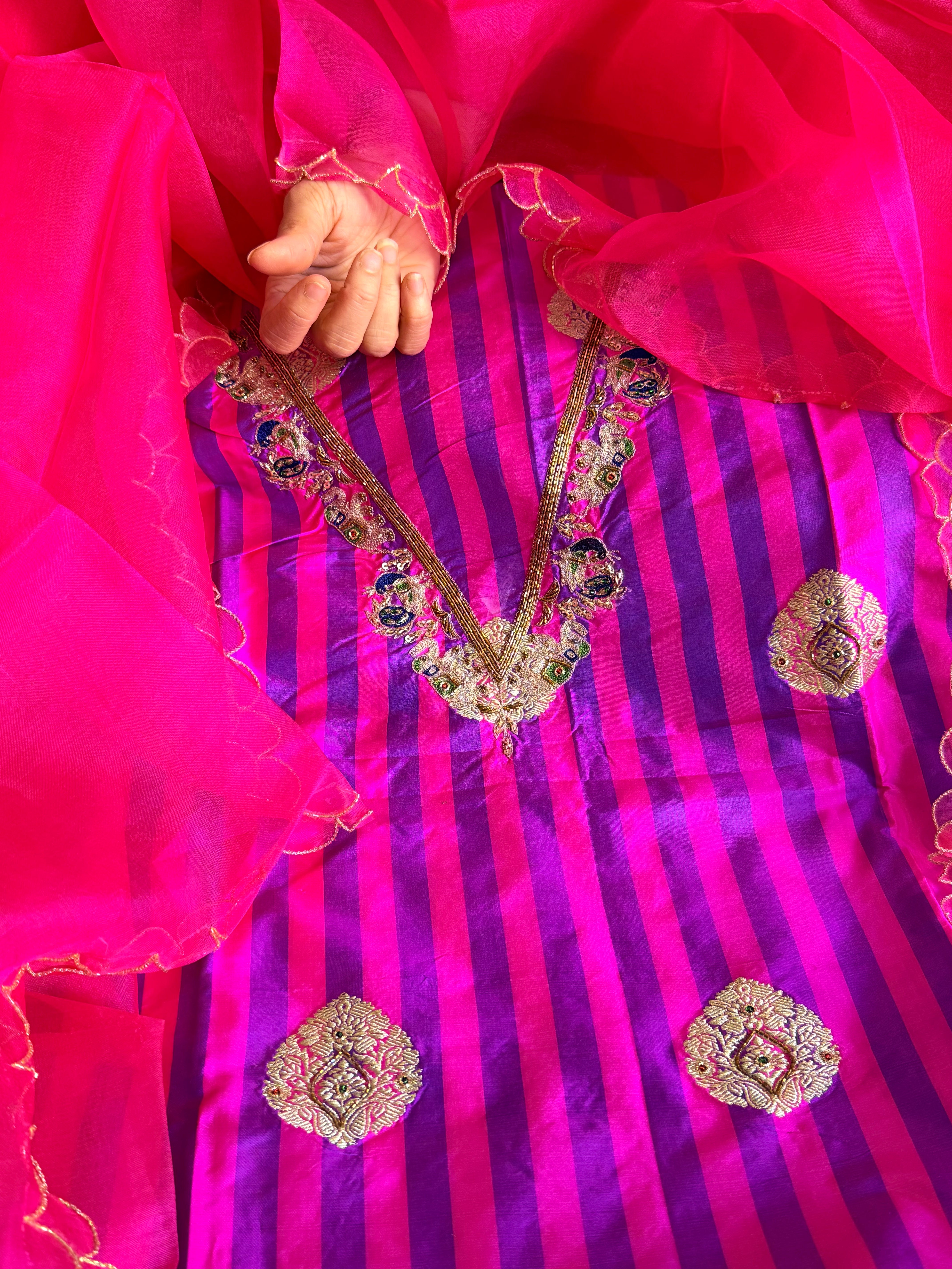 Katan silk hand embroidered dhup chao effect kadhwa suit set