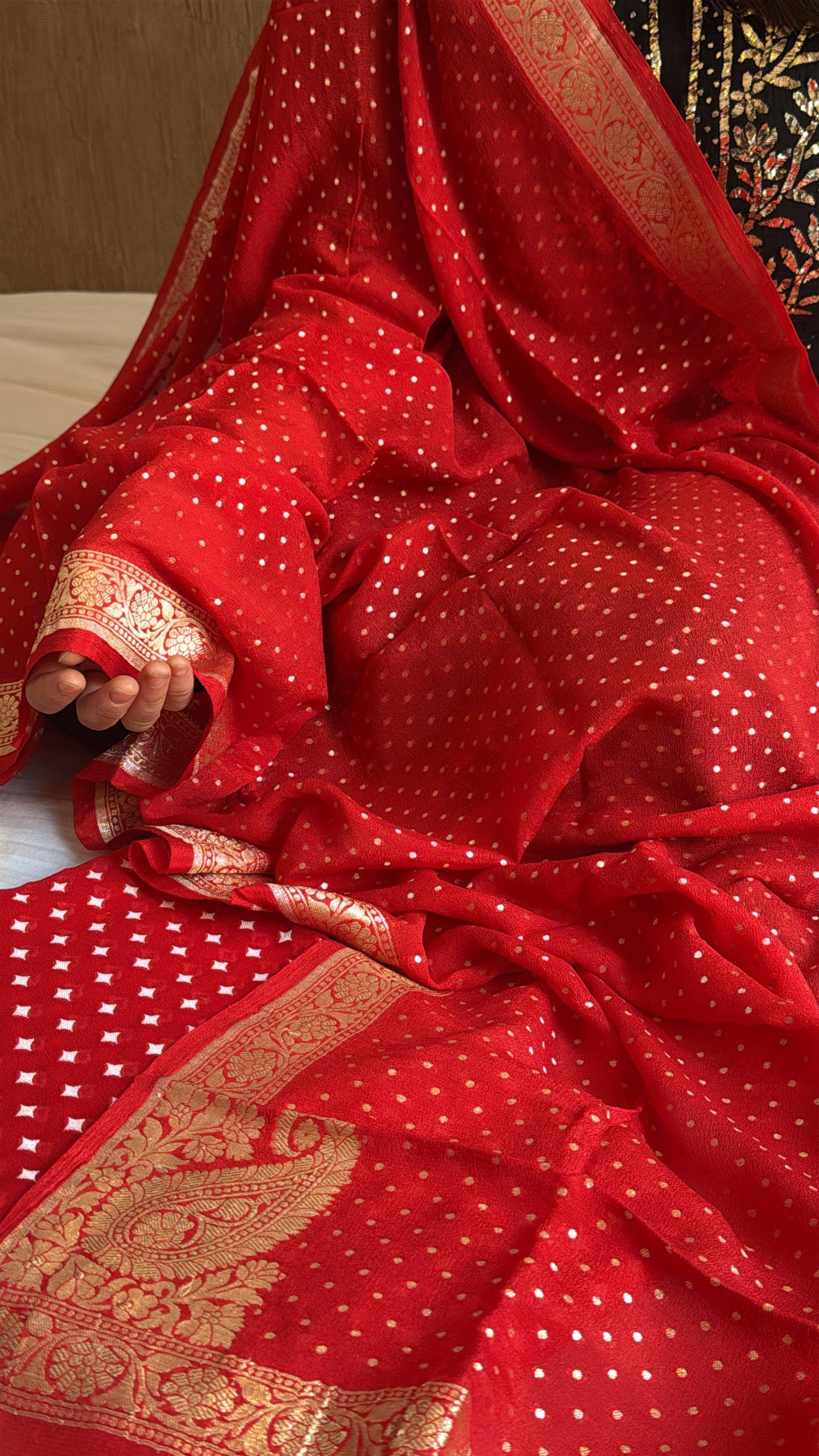 Vivah edit - Red chiffon gorgette chunri buti kadhwa banarasi suit set